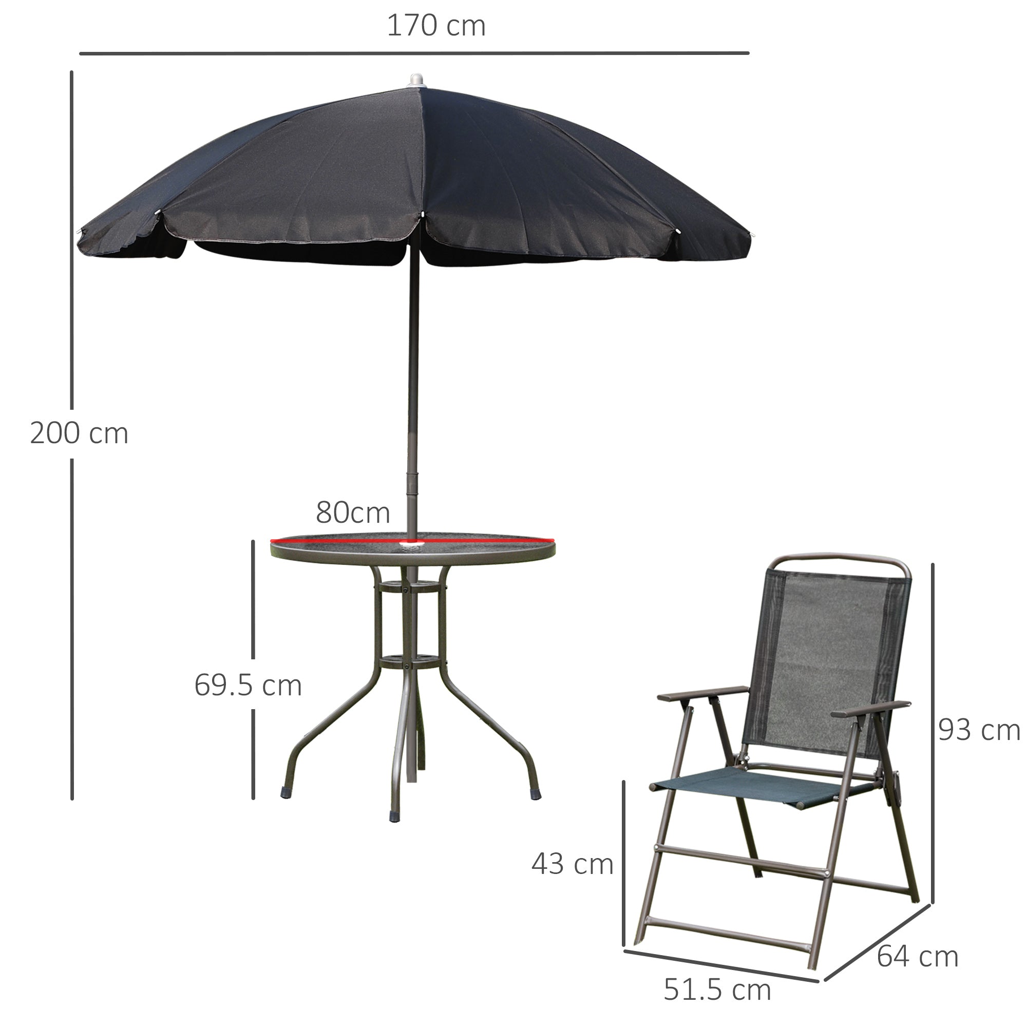 Outsunny 6 Piece Garden Dining Set with Umbrella, Patio Sets with Parasol with 4 Folding Dining Chairs & Round Tempered Glass Table, Black - North Peak Garden Furniture