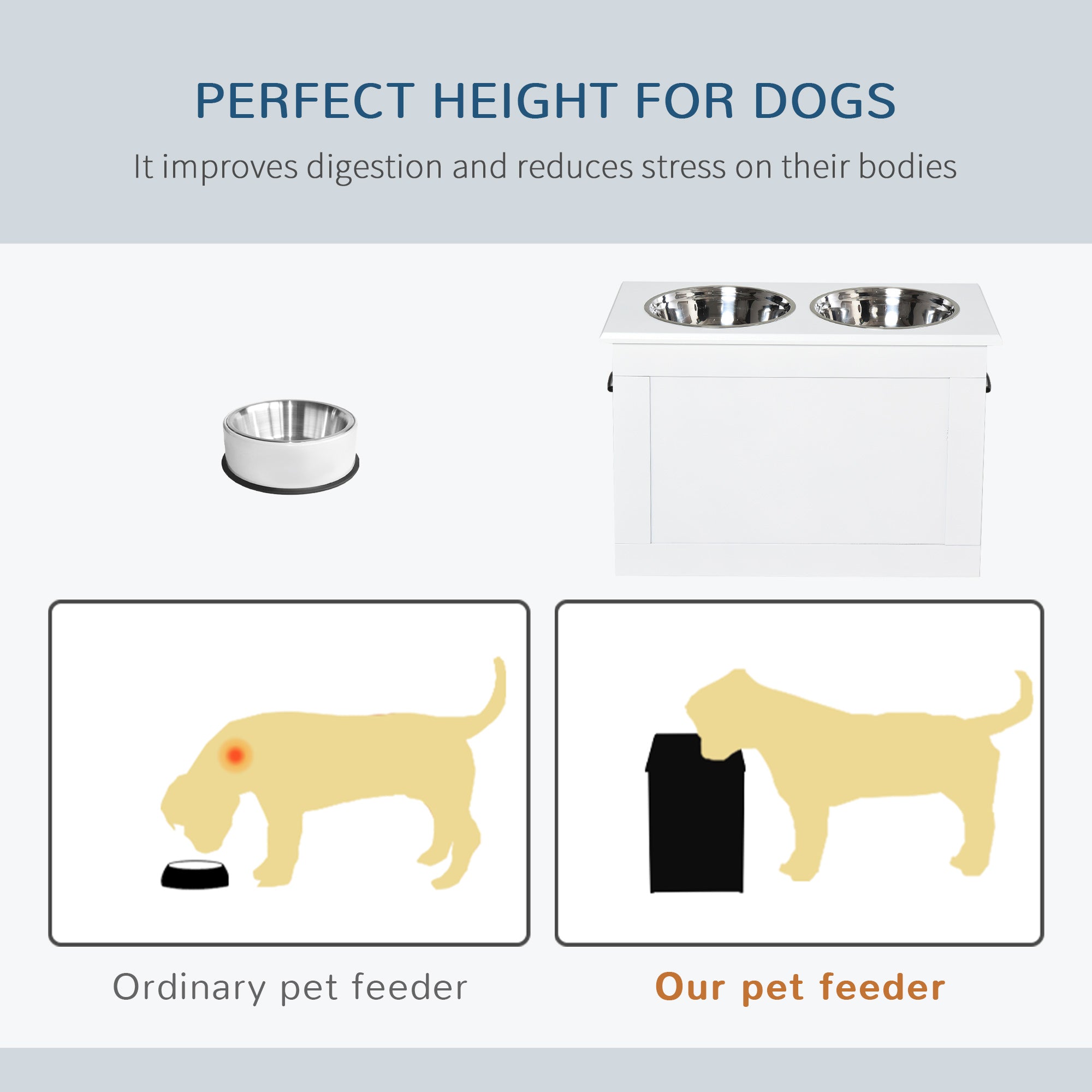 PawHut Raised Dog Bowls, with Storage, Two Stainless Steel Bowls, Elevated Base - White - North Peak Garden Furniture