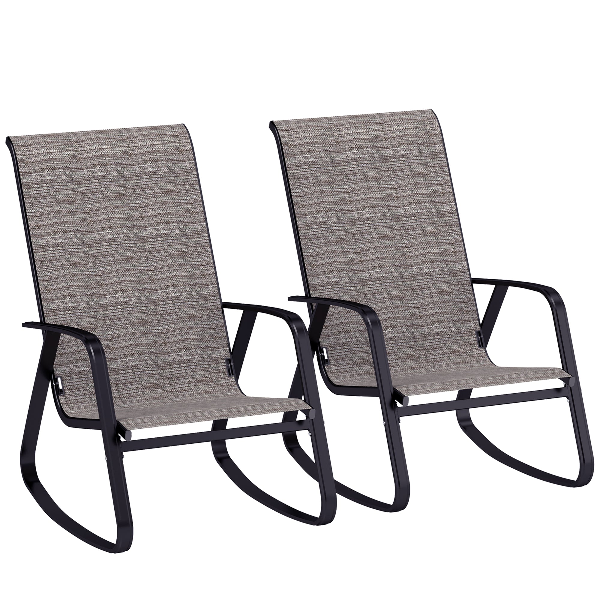 Outsunny Garden Rocking Chairs Set of 2, Ergonomic Outdoor Rocking Chairs with Armrests, High Backrest, Steel Frame Relaxing Rocker Armchair Seats for Patio, Balcony, Porch, Light Brown - North Peak Garden Furniture