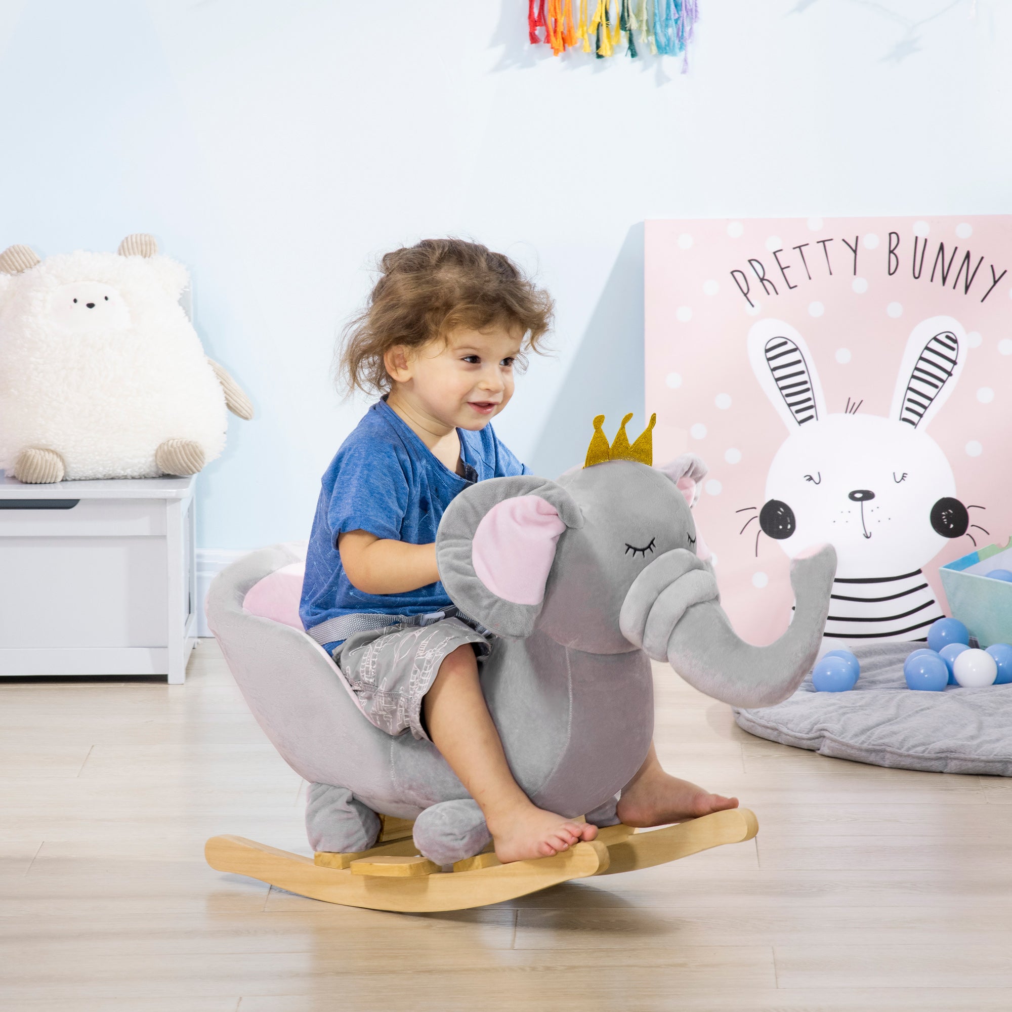 HOMCOM Kids Elephant-Designed Rocking Horse, with Safety Belt, Wooden Base, for Ages 18-36 Months - Grey - North Peak Garden Furniture