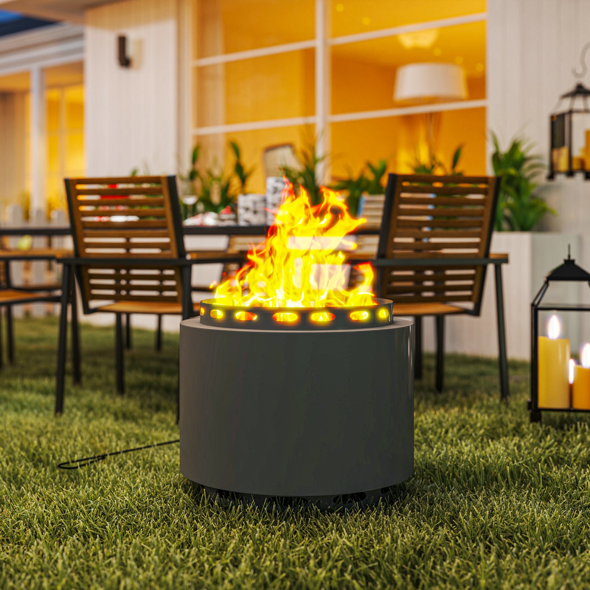 Outsunny Smokeless Fire Pit, 48.5cm Portable Wood Burning Firepit with Poker for Garden Camping Bonfire Party, Metal, Dark Grey - North Peak Garden Furniture