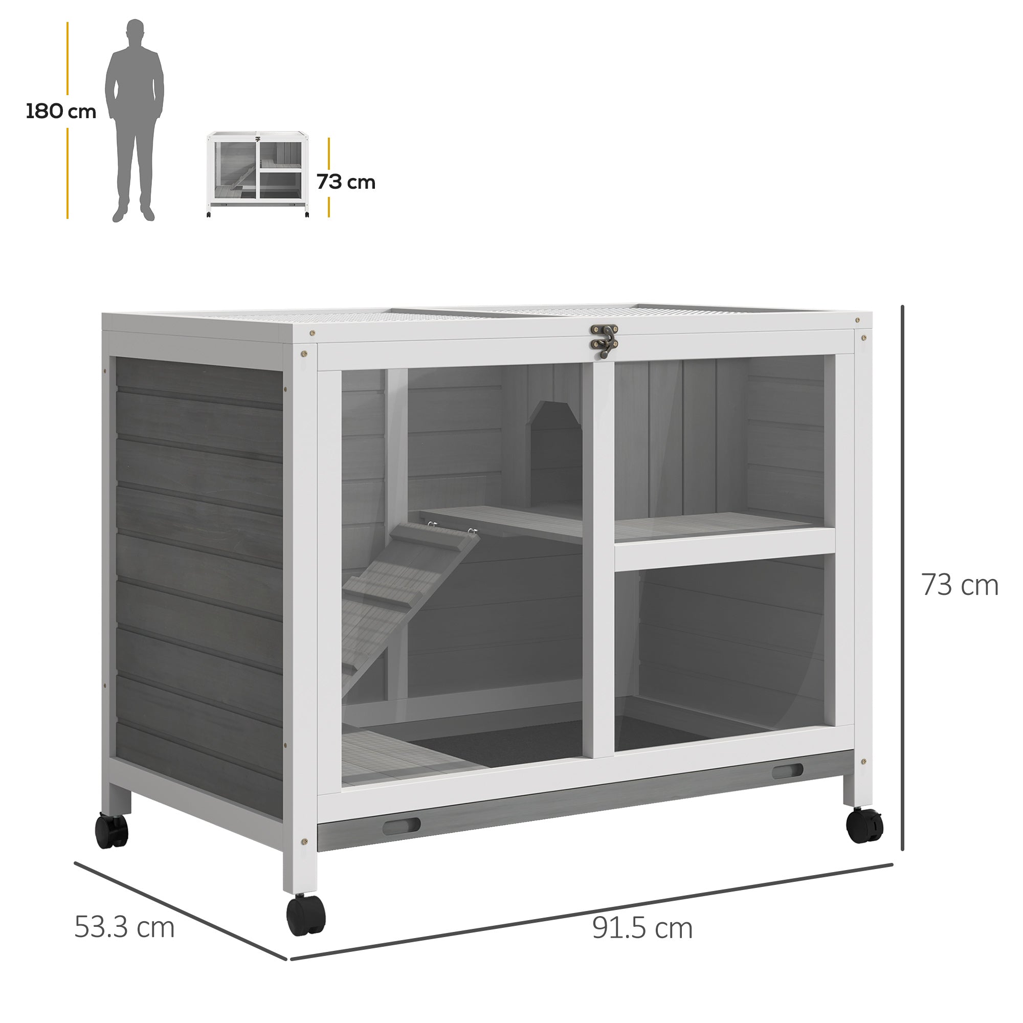 PawHut Wooden Rabbit Hutch Indoor with Wheels, Openable Roof, 91.5 x 53.3 x 73 cm, Grey - North Peak Garden Furniture