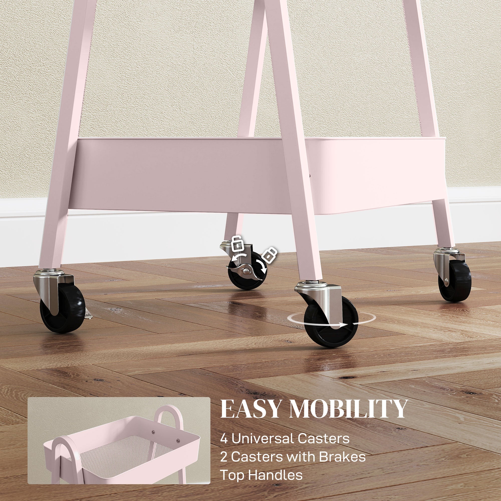 HOMCOM Three-Tier Storage Trolley - Pink - North Peak Garden Furniture