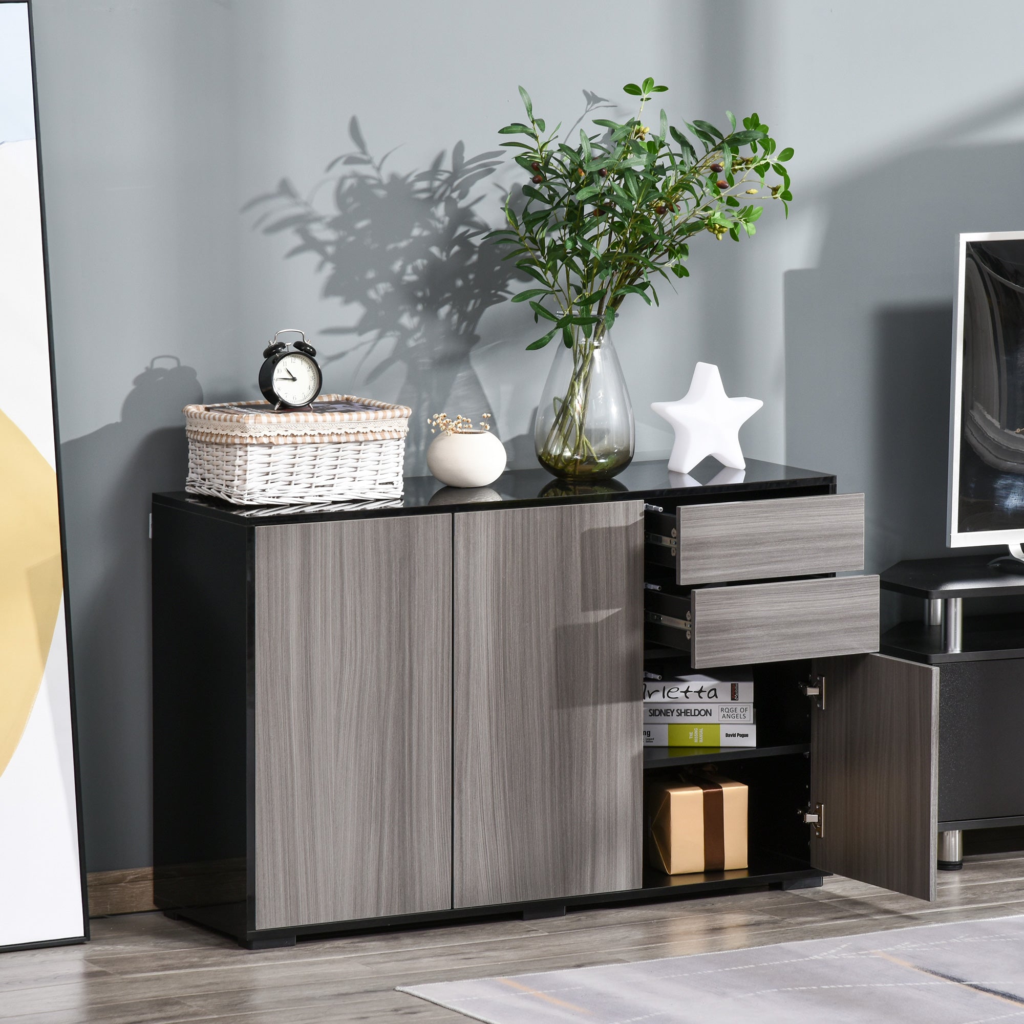 HOMCOM Sideboard High Gloss, 2 Drawer Push-Open Cabinet for Living Room, Bedroom, Light Grey and Black