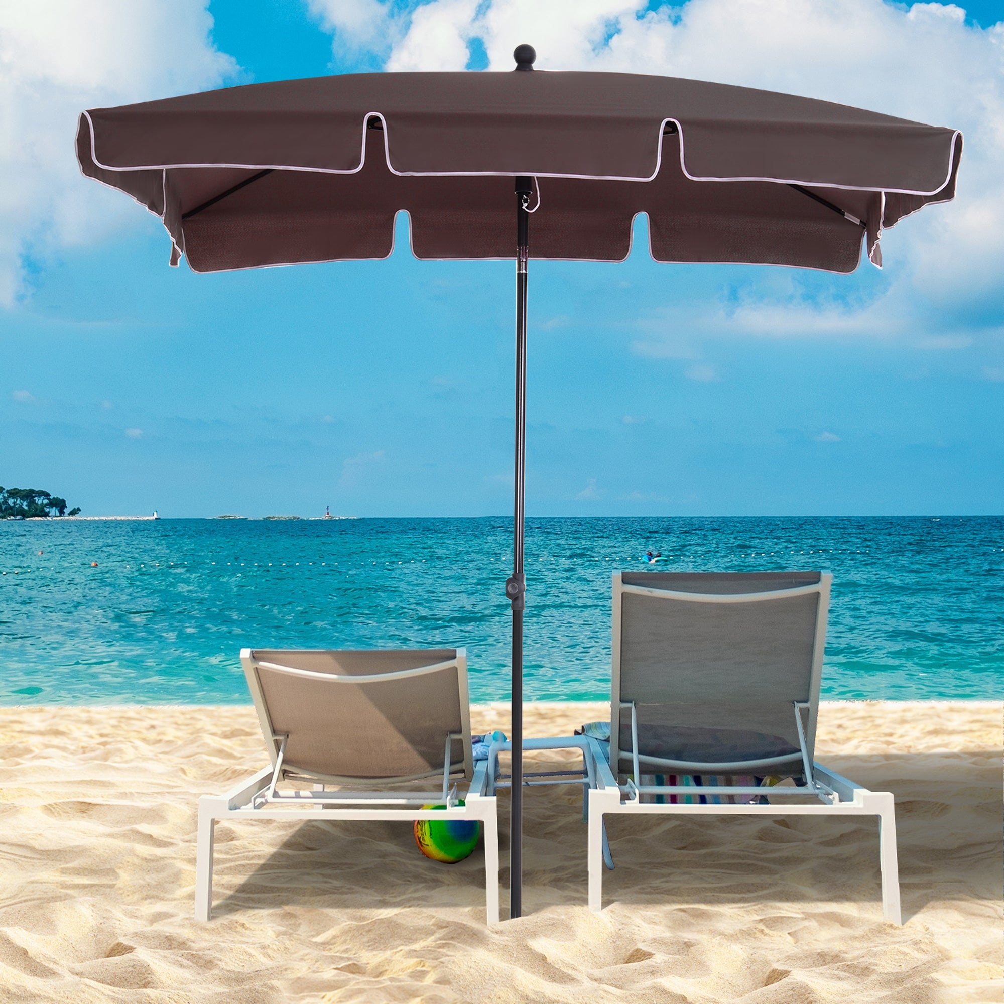 Outsunny Garden Parasol Umbrella, Outdoor Market Table Umbrella with Ruffles & Aluminium Pole, Rectangular Tilting Parasol Sun Shade Canopy, 2 x 1.3m, Brown - North Peak Garden Furniture