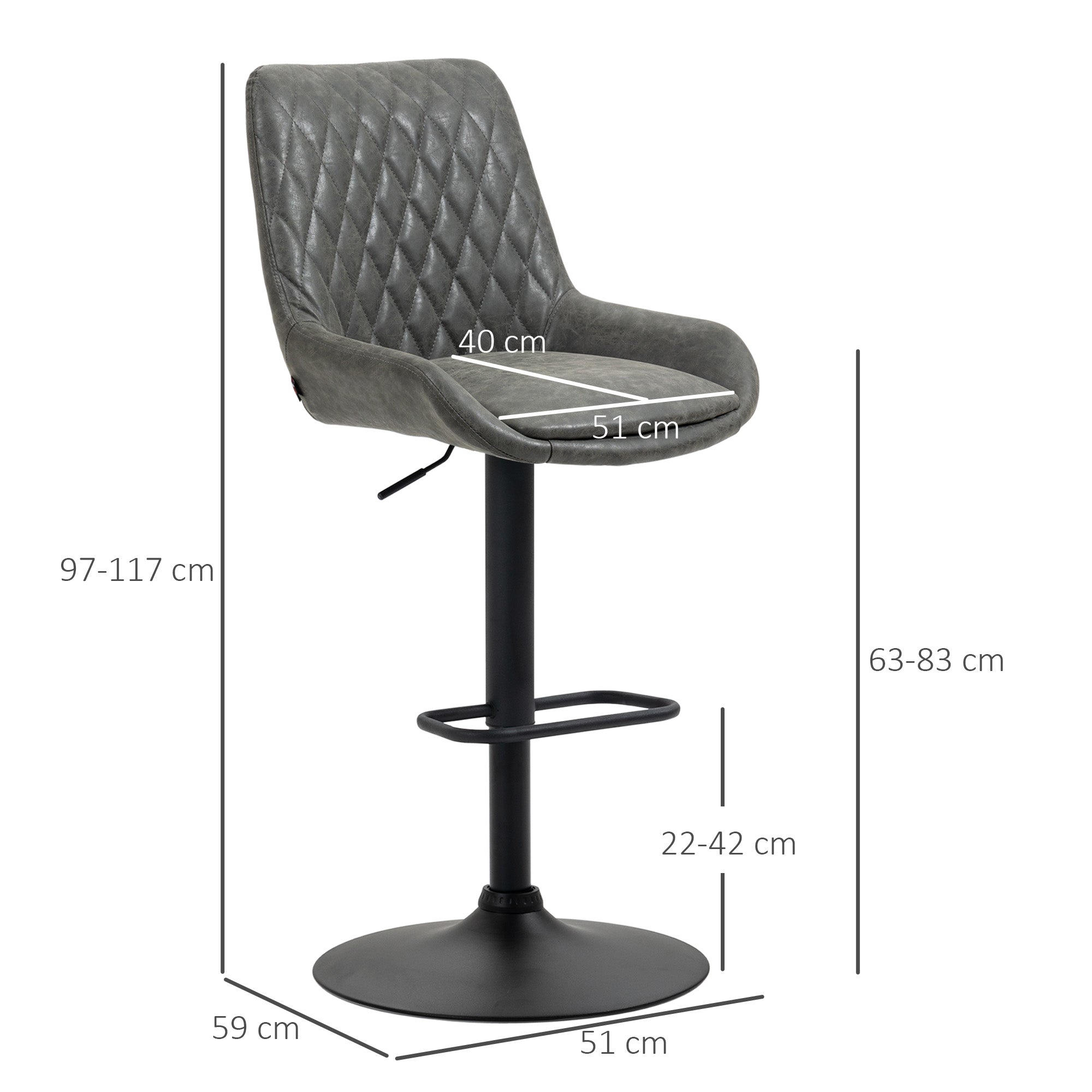 HOMCOM Retro Bar Stools Set of 2, Adjustable Kitchen Stool, Upholstered Bar Chairs with Back, Swivel Seat, Dark Grey - North Peak Garden Furniture