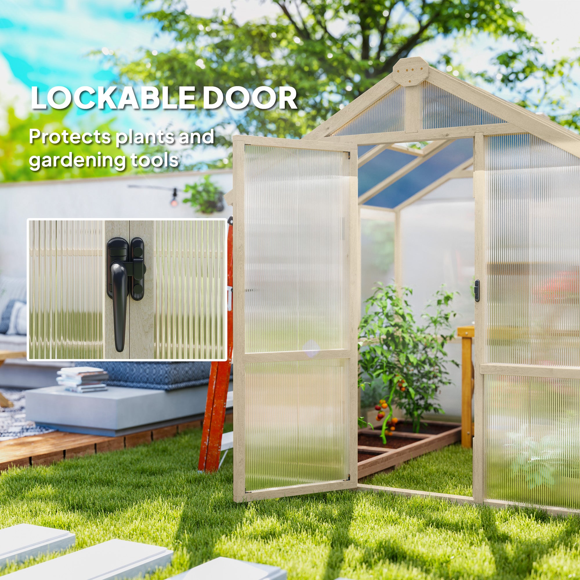 Outsunny 6.6 x 6ft Polycarbonate Greenhouse, Walk-in Wooden Greenhouse with Lockable Door and Window, Garden Plants Grow House, Brown - North Peak Garden Furniture