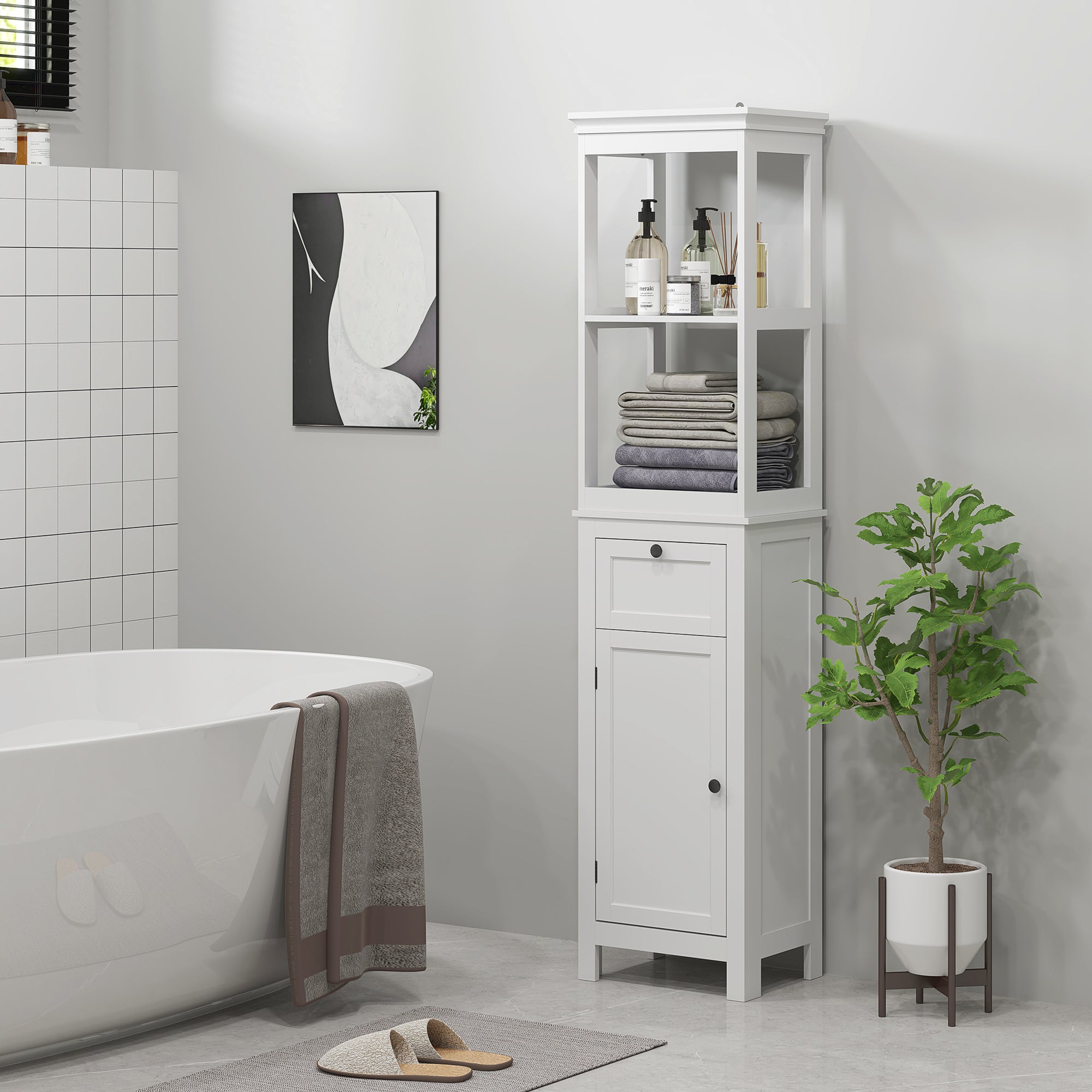 HOMCOM Tall Bathroom Cabinet, Slim Bathroom Storage Cabinet with 2 Open Shelves, Soft Close Door and Drawer, Adjustable Shelf, Narrow Cupboard Storage Unit, White - North Peak Garden Furniture