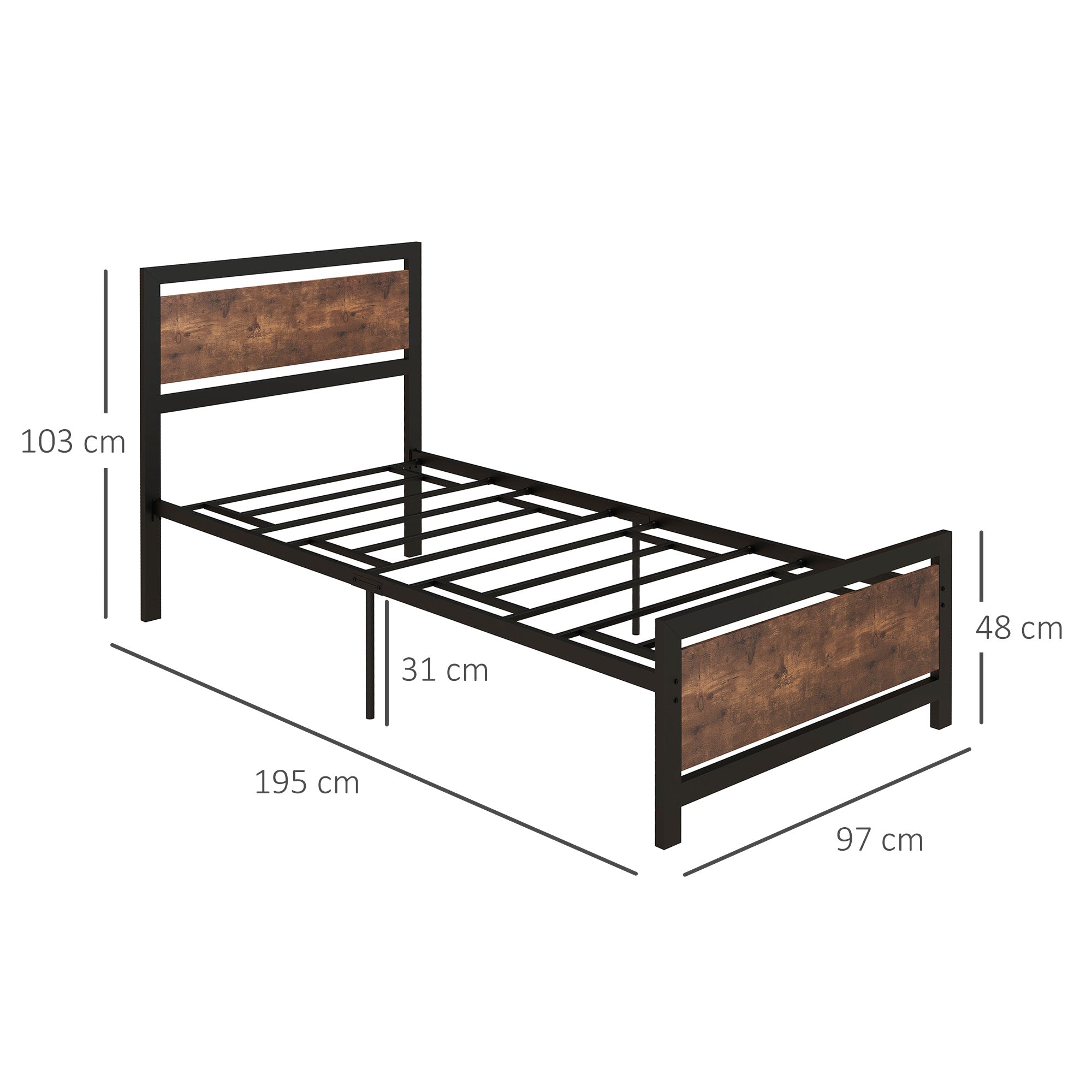 HOMCOM Single Size Metal Bed Frame with Headboard & Footboard, Strong Slat Support Solid Bedstead Base w/ Underbed Storage Space, Bedroom Furniture For Adults - North Peak Garden Furniture
