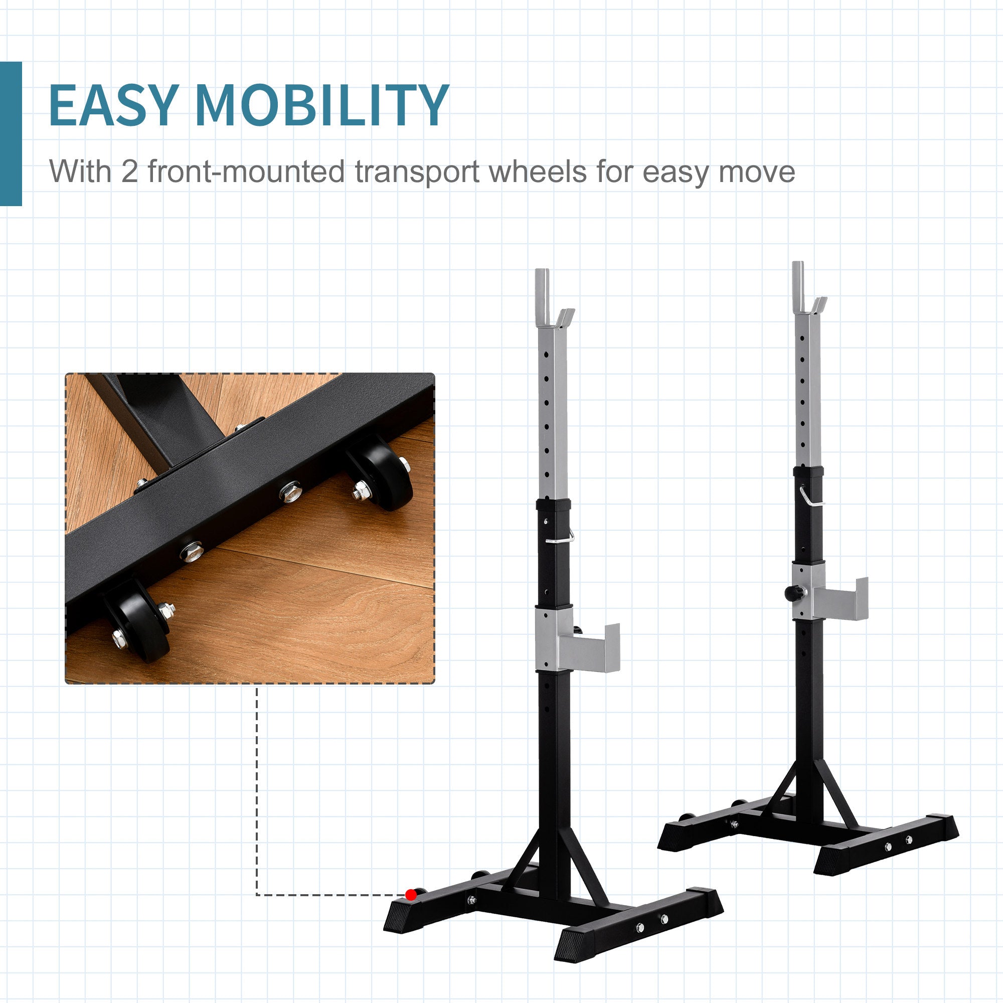 HOMCOM Barbell Squat Rack Adjustable Weight Lifting Bench Max Load 150kg Gym Fitness Strength Training Push up Dip Stand with Wheels - North Peak Garden Furniture