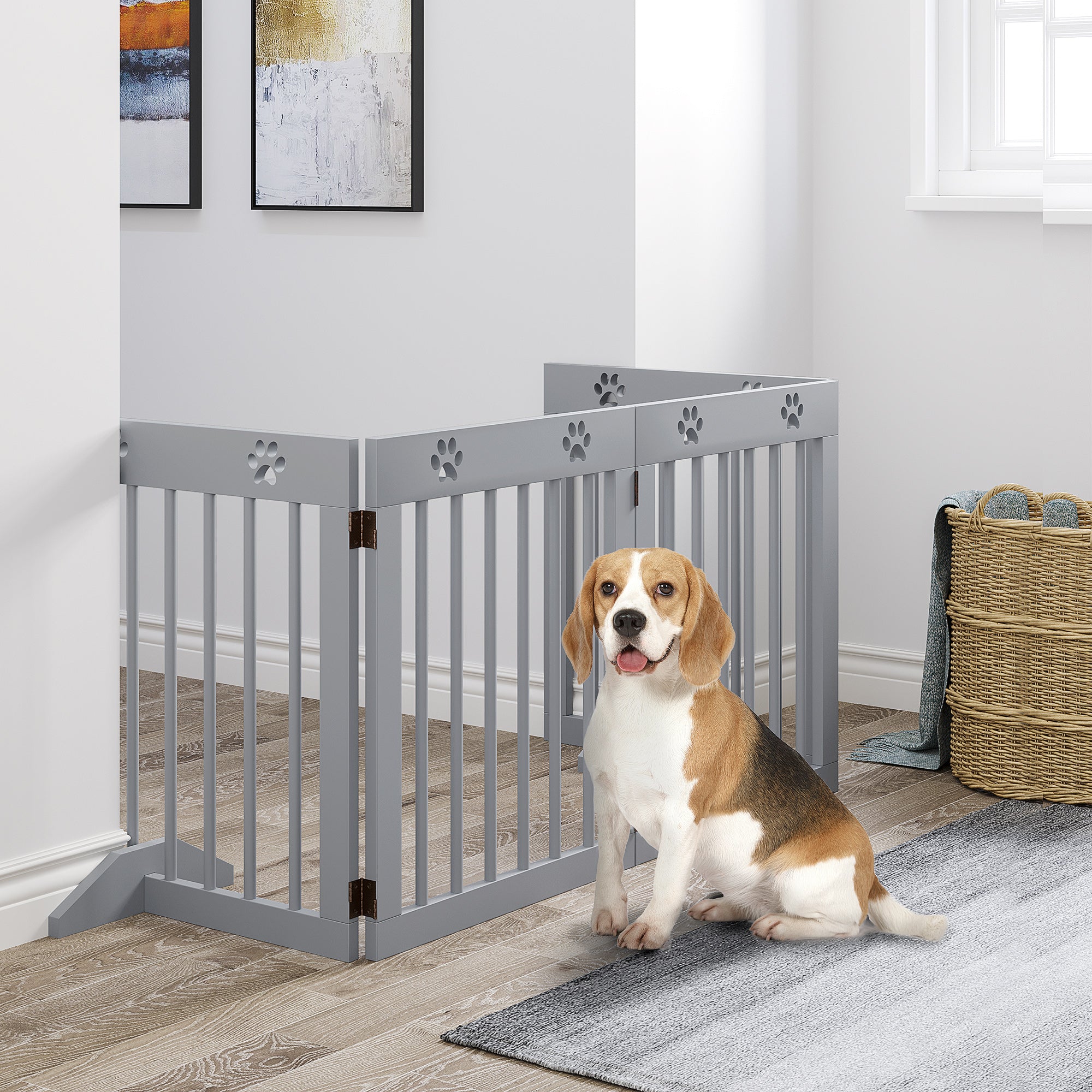 PawHut Freestanding Pet Gate 4 Panel Folding Wooden Dog Barrier w/ Support Feet