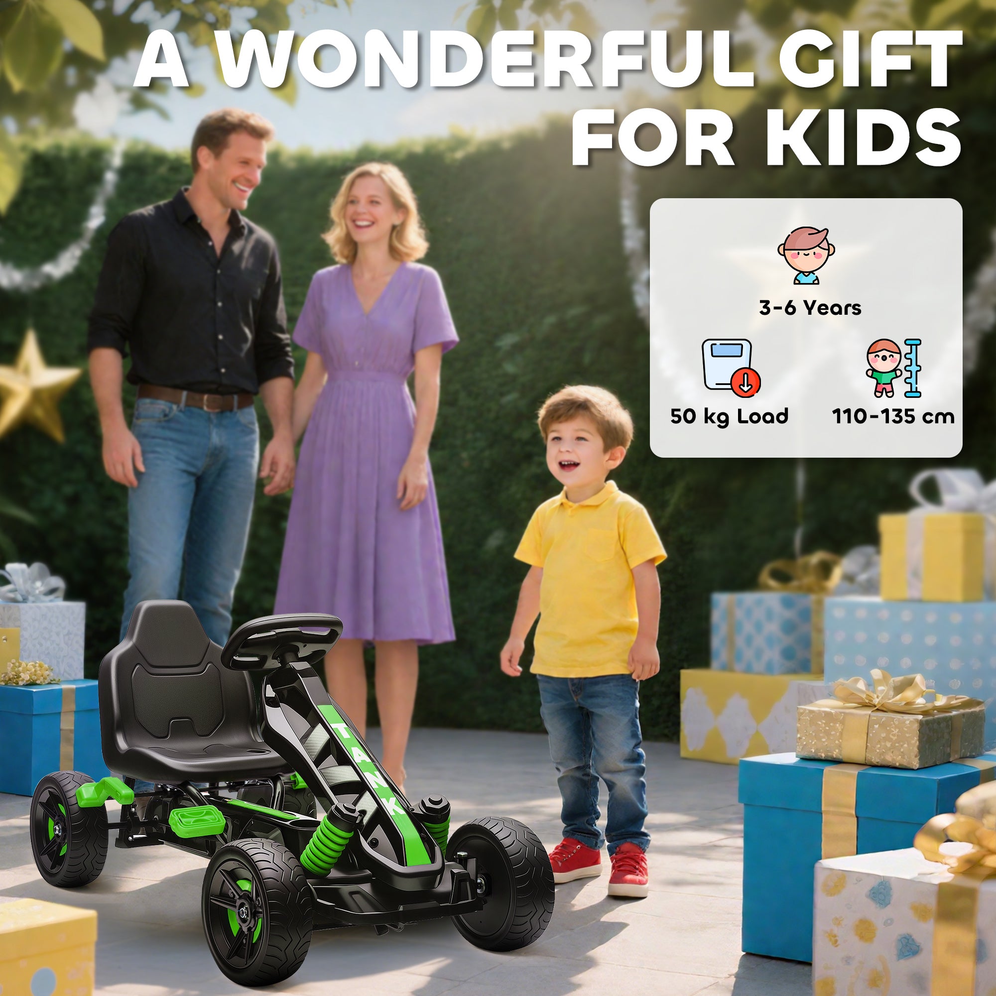 AIYAPLAY Pedal Go kart for Kids Ages 3-6 Years, with Automatic Clutch, Brake, EVA Anti-Slip Wheels, Green