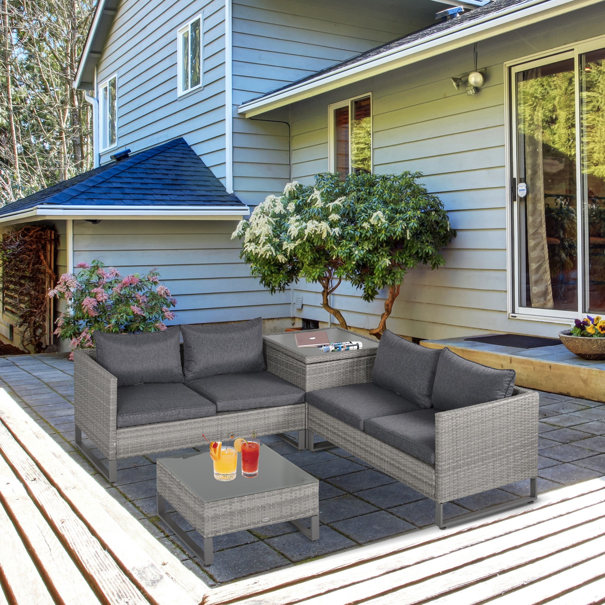 Outsunny 4 PCs PE Rattan Wicker Sofa Set Outdoor Conservatory Furniture Lawn Patio Coffee Table w/ Side Storage Box & Cushion, Grey - North Peak Garden Furniture