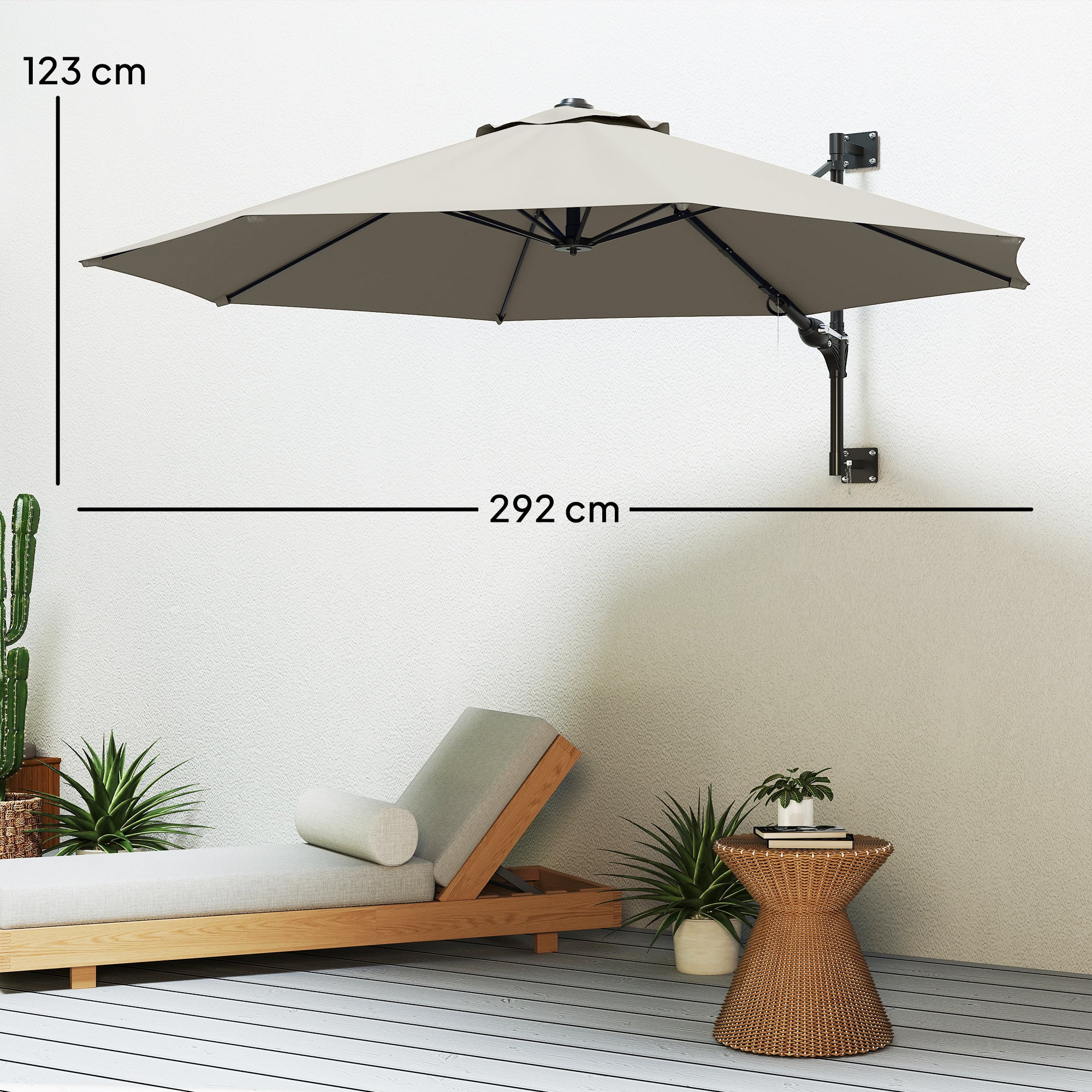 Outsunny 3(m) Wall-Mounted Parasol Shade, with Handle - Light Grey - North Peak Garden Furniture