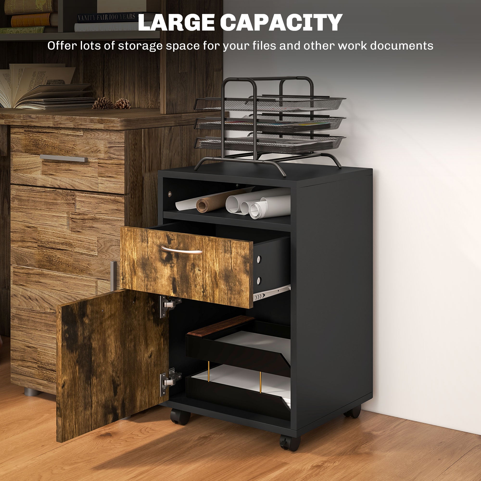 HOMCOM 60cm Filing Cabinet with Drawer, Open Shelf, Metal Handles and 4 Wheels, Office Home Organiser Mobile Printer, Rustic Brown - North Peak Garden Furniture