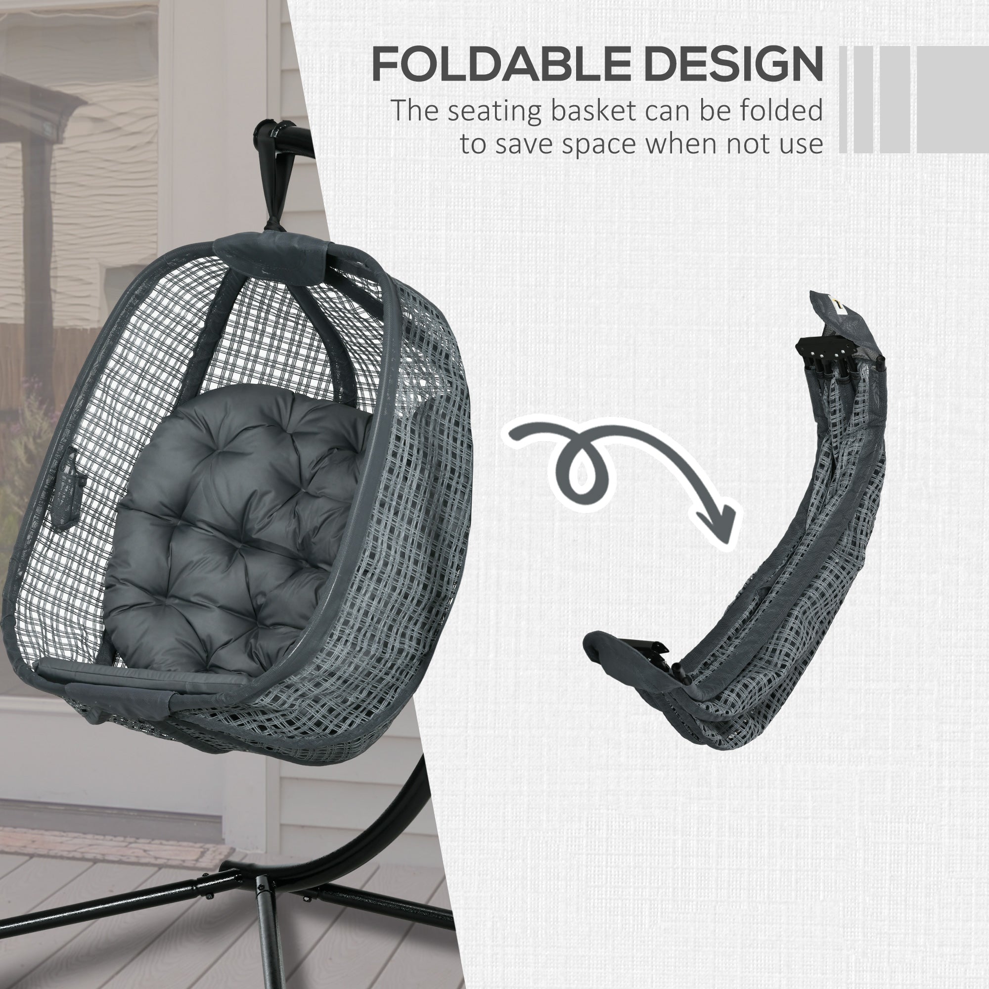 Outsunny Outdoor Swing Chair with Thick Padded Cushion, Patio Hanging Chair with Metal Stand, Egg Chair with Foldable Basket, Cup Holder, for Indoor and Outdoor, Dark Grey - North Peak Garden Furniture