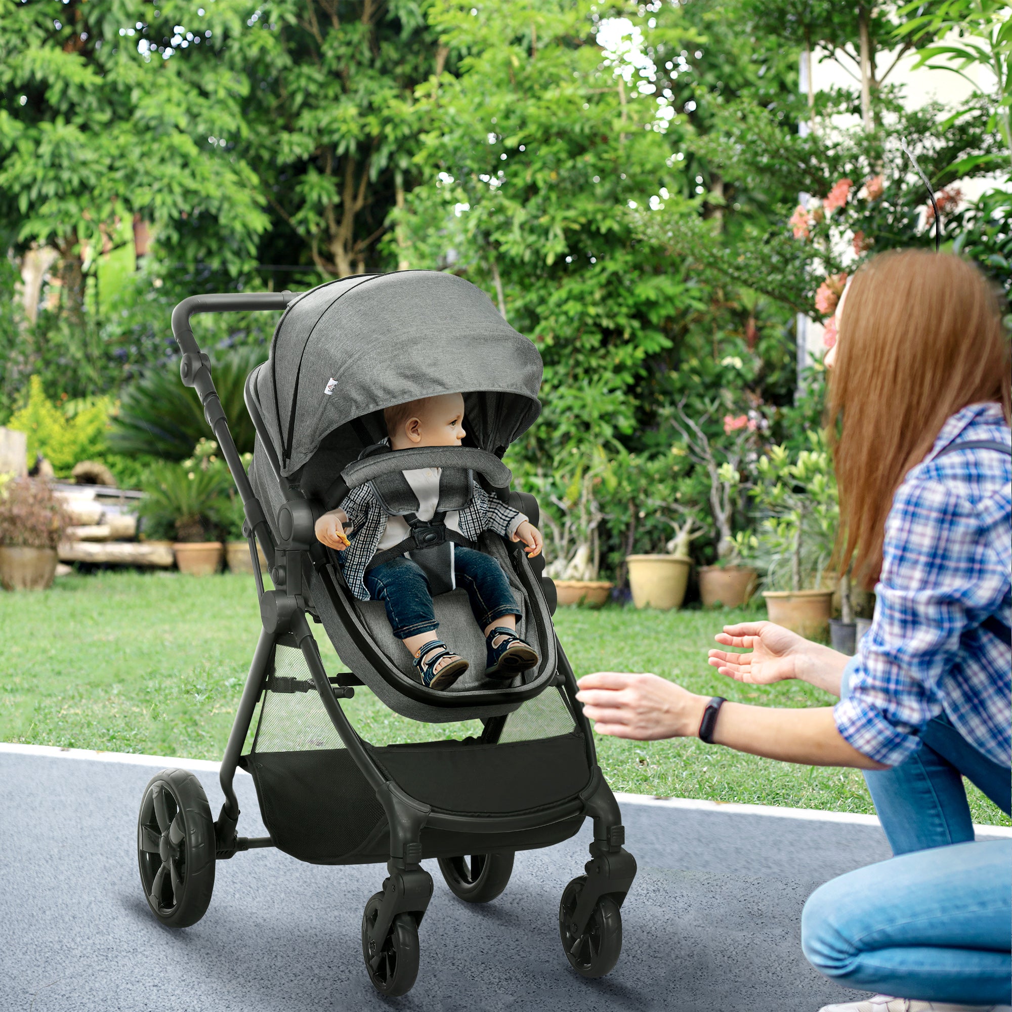 HOMCOM Foldable Baby Stoller, with Reclining Backrest, Adjustable Canopy, for Ages 0-36 Months - Grey