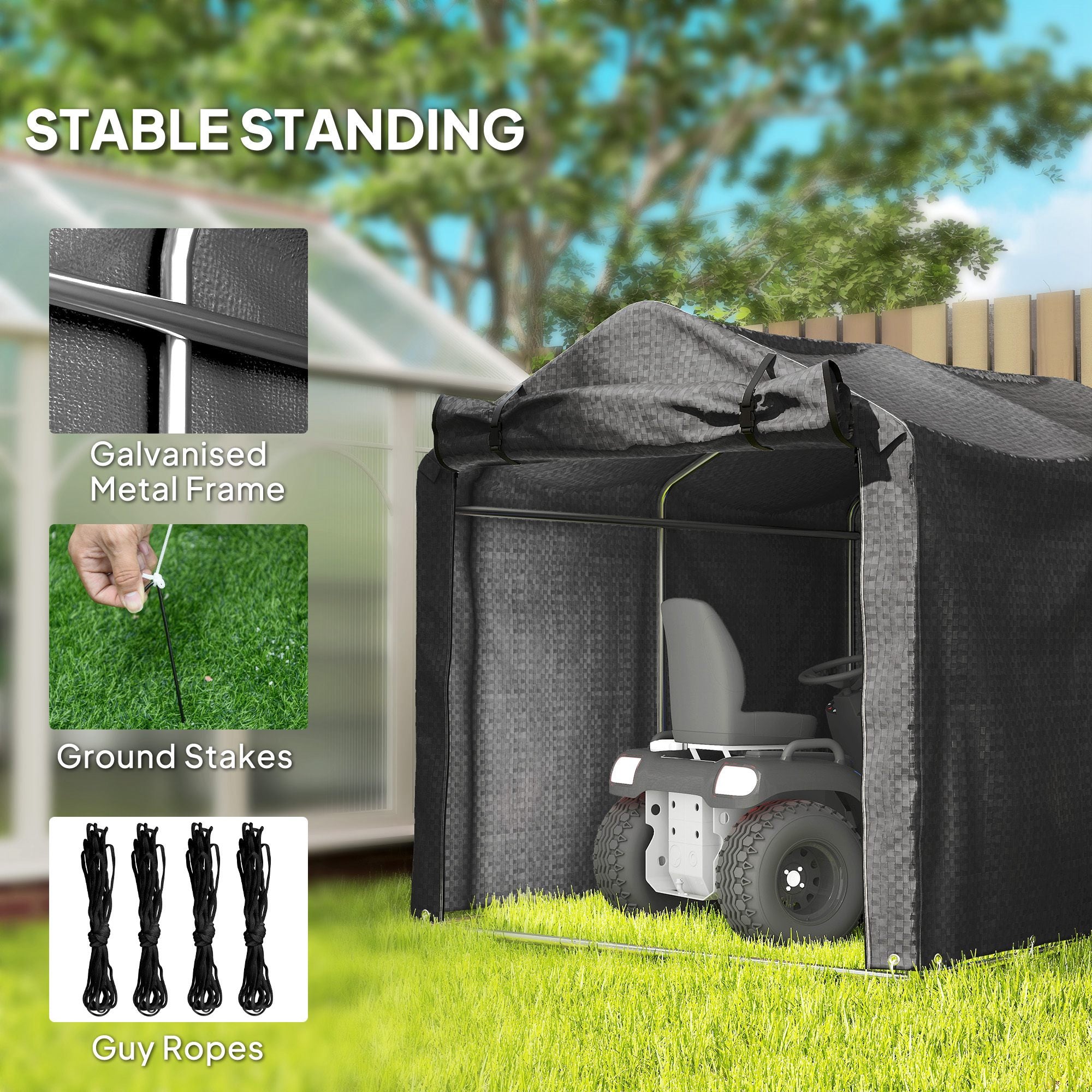 Outsunny 2.2 x 1.6 m Garden Storage Tent, Waterproof Anti-UV Bike Tent with Roll-up Zipper Door, Galvanised Outdoor Storage Shelter Carport for Bike, Motorbike, Garden Tools, Black