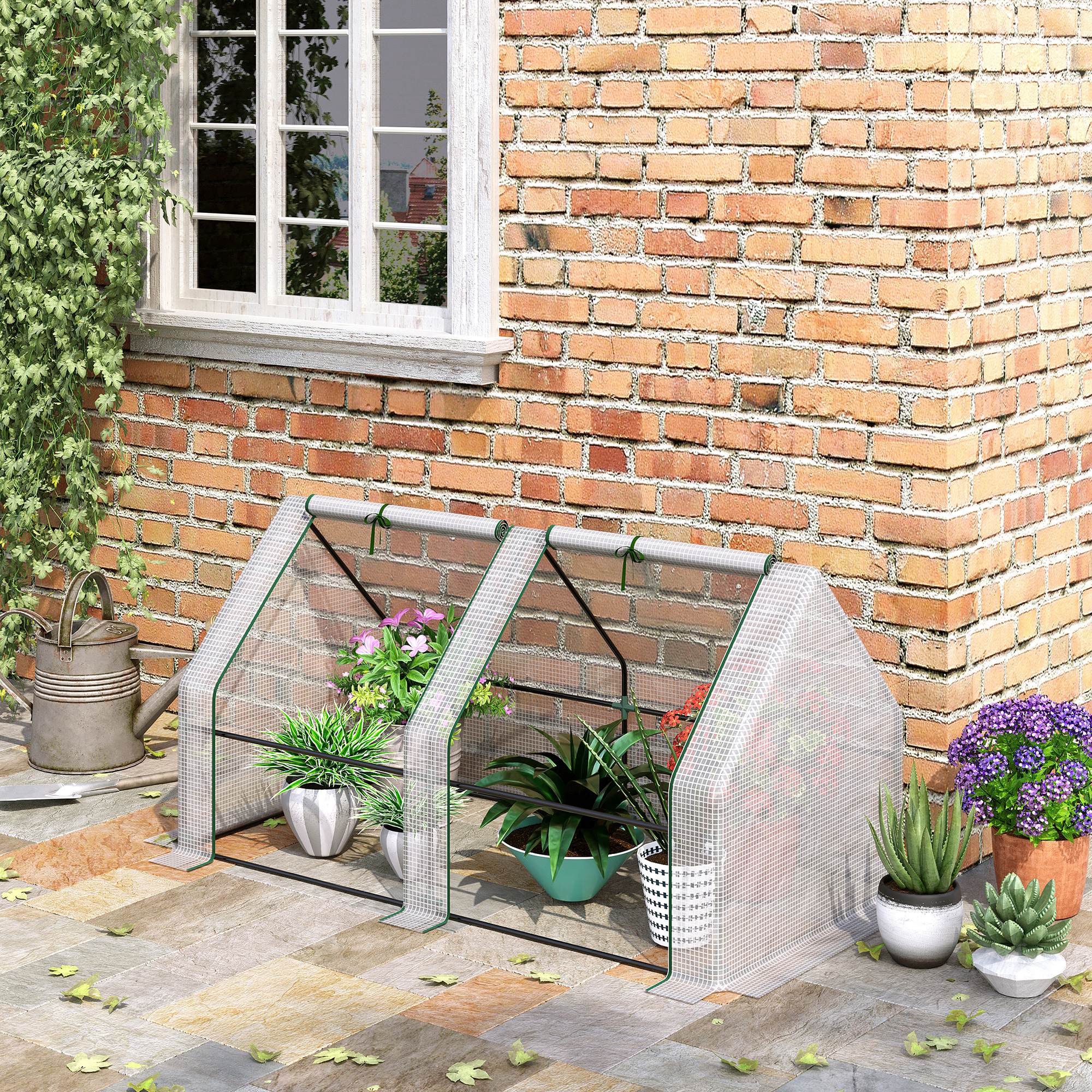 Outsunny Mini Small Greenhouse with Steel Frame & PE Cover & Zipped Window Poly tunnel Steeple for Plants Vegetables, 180 x 90 x 90 cm, White - North Peak Garden Furniture