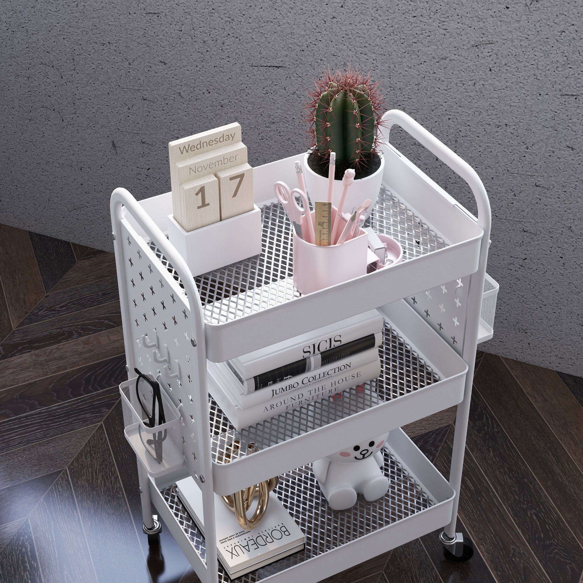 HOMCOM 3-tier Storage Trolley on Wheels, Rolling Utility Serving Cart with 3 Mesh Baskets, 2 Hanging Boxes and 6 Hooks for Living Room, Kitchen, White - North Peak Garden Furniture