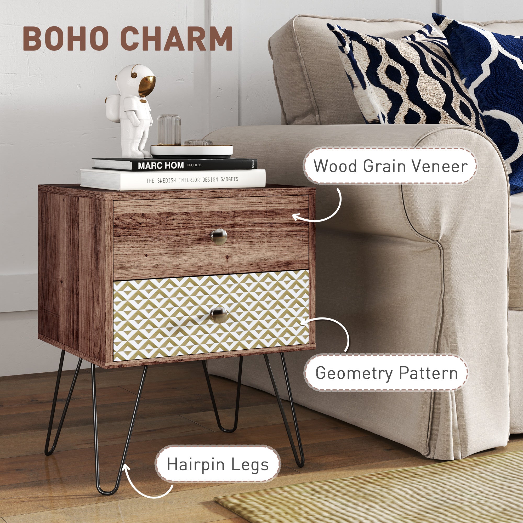 HOMCOM Nightstand, 2-Drawer Bedside Table, Bedside Cabinet, Sofa End Side Table for Living Room, Bedroom, Rustic Brown - North Peak Garden Furniture
