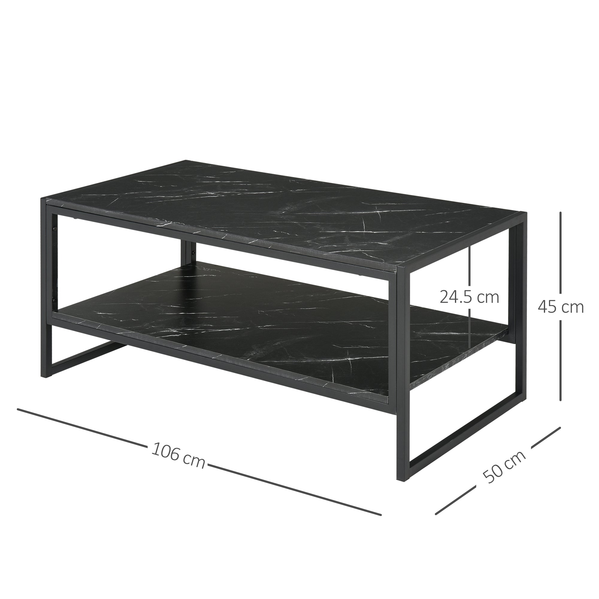 HOMCOM Coffee Table, Two-Tier Marble Centre Table with Metal Frame and Storage Shelf for Living Room, 106 x 50 x 45cm, Black - North Peak Garden Furniture