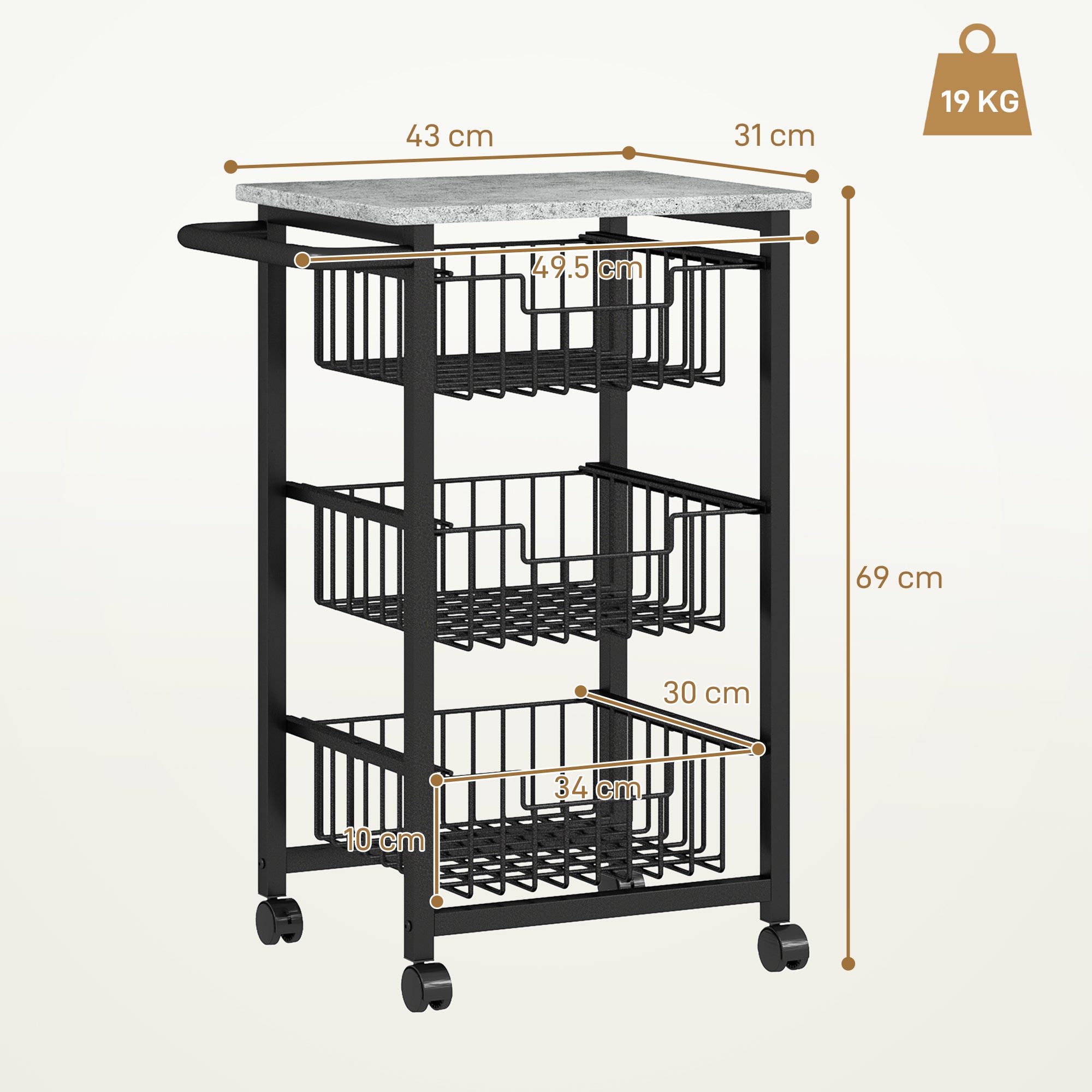 HOMCOM Three Basket Mobile Kitchen Island, with Brakes - Grey/Black - North Peak Garden Furniture