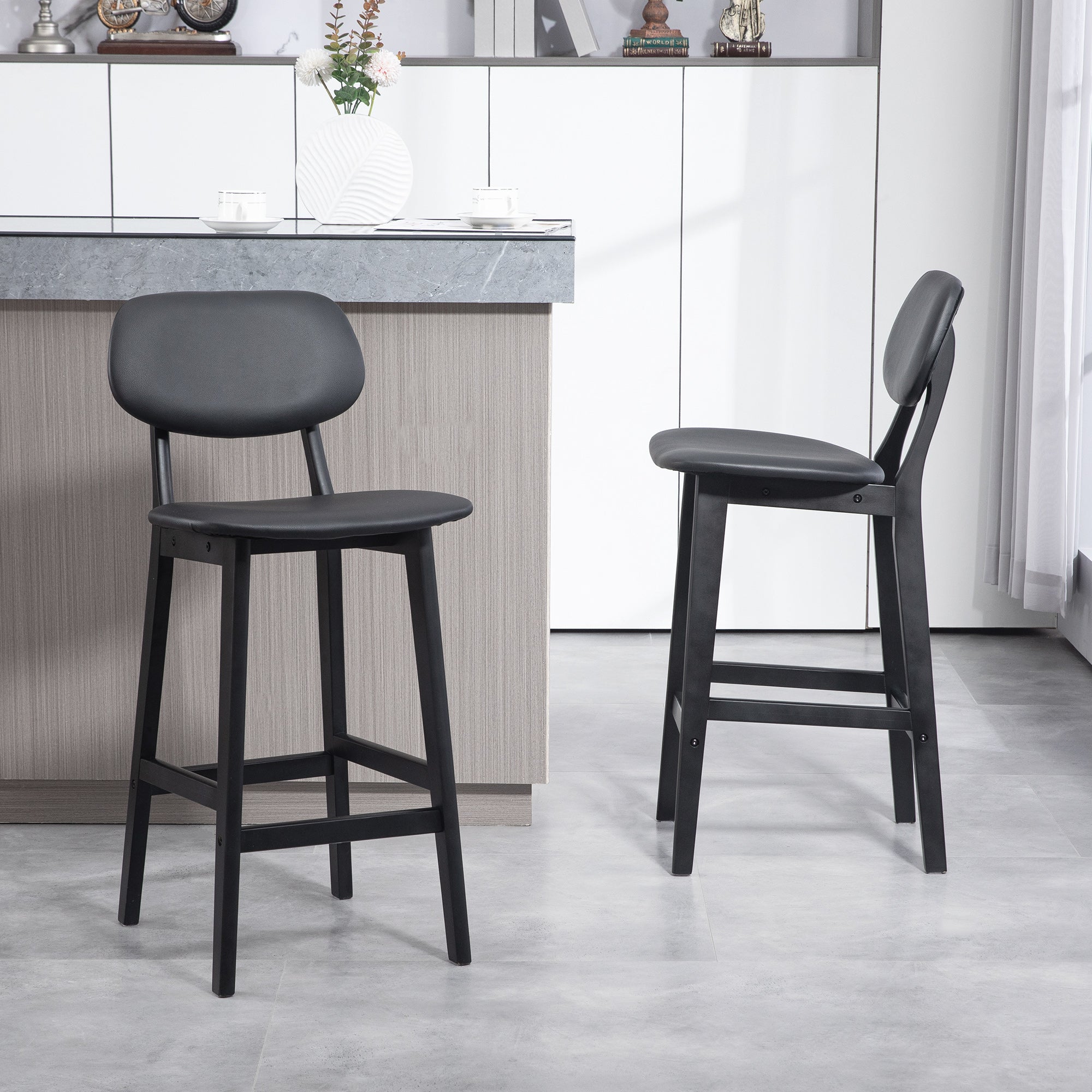 HOMCOM Set of Two Wooden Classic Bar Stools, with Faux Leather Seats - Black - North Peak Garden Furniture