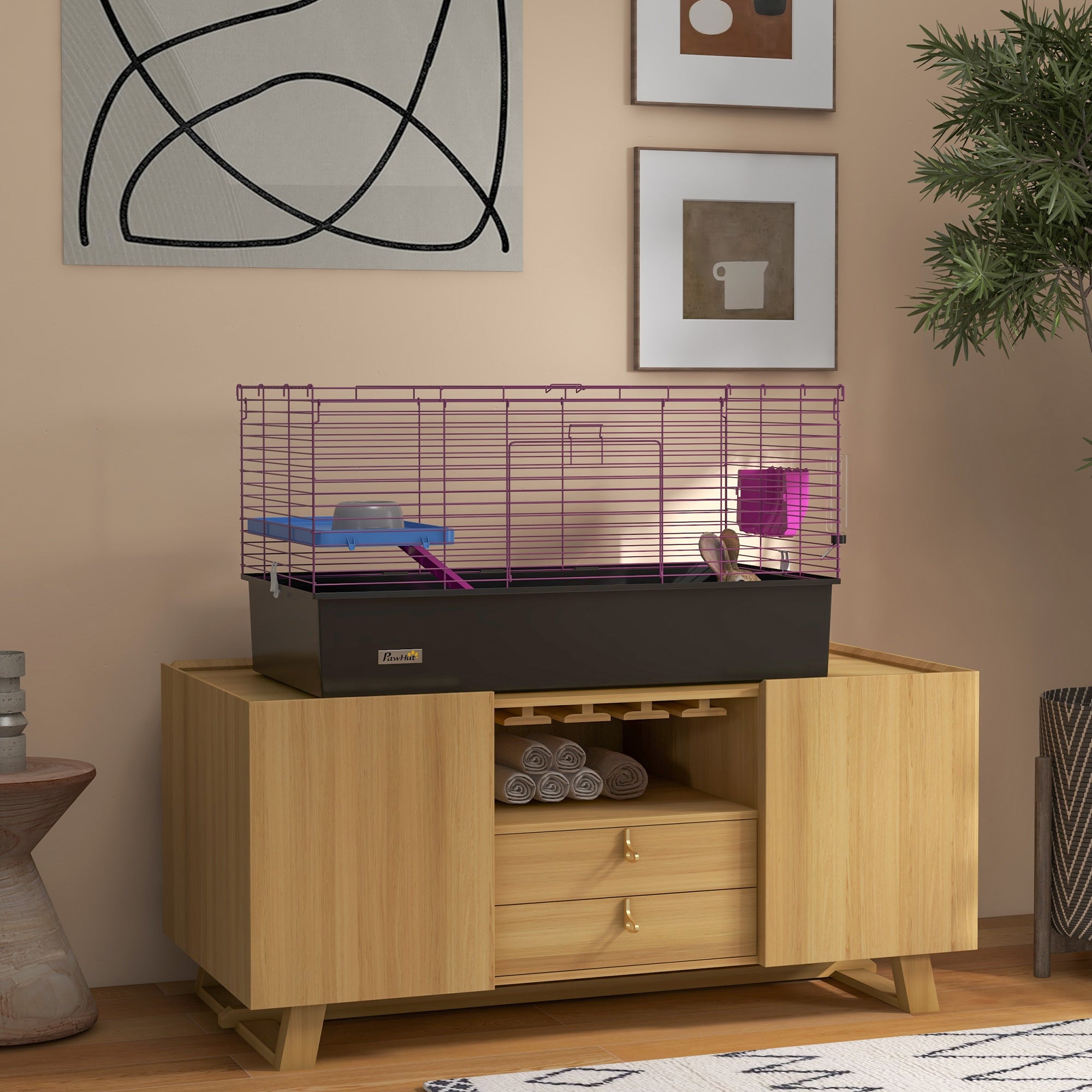 PawHut Chinchillas Small Rabbit Guinea Pig Small Animal Cage, Pet Playhouse, with Platform, Ramp, 99 x 52 x 53cm, Black - North Peak Garden Furniture