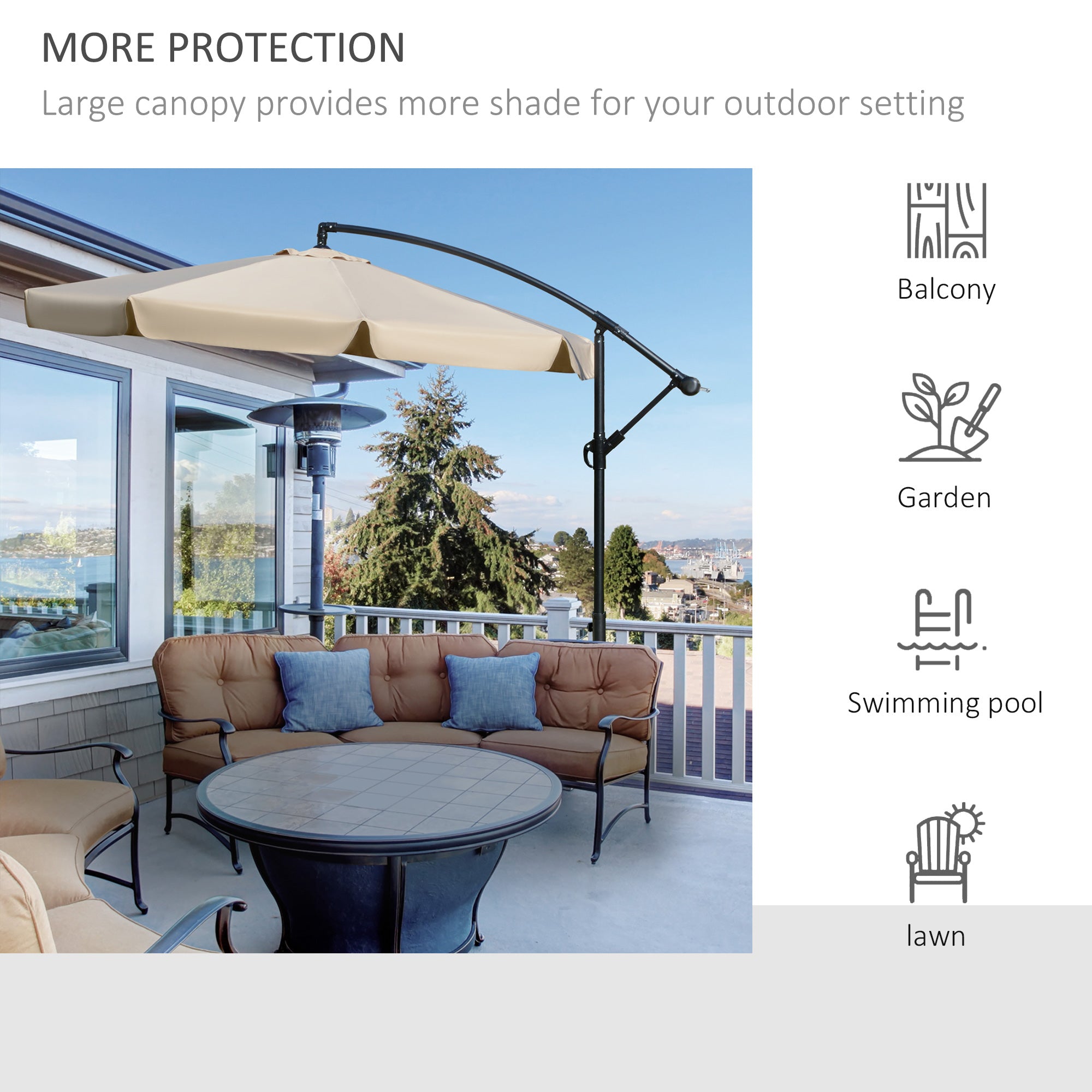 Outsunny 2.7m Cantilever Parasol Banana Sun Umbrella with Crank Handle and Cross Base for Outdoor Hanging Sun Shade Light Brown - North Peak Garden Furniture