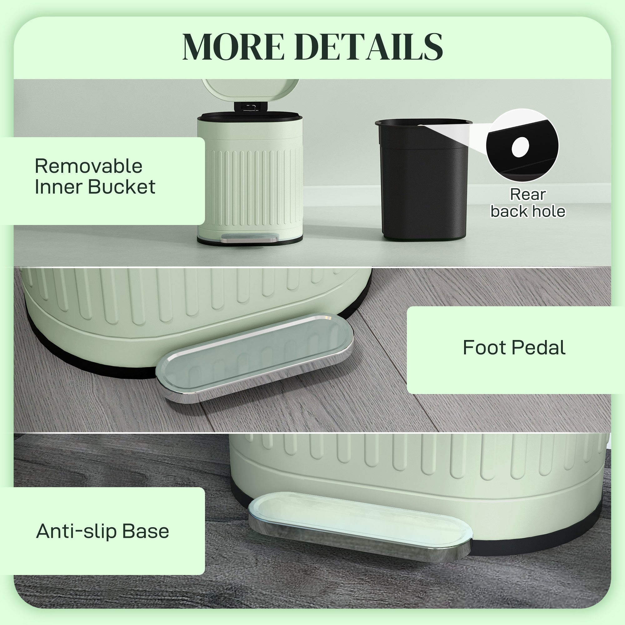 HOMCOM 20 Litre Pedal Bin, Fingerprint Proof Kitchen Bin with Soft-close Lid, Metal Rubbish Bin with Foot Pedal and Removable Inner Bucket, Light Green - North Peak Garden Furniture