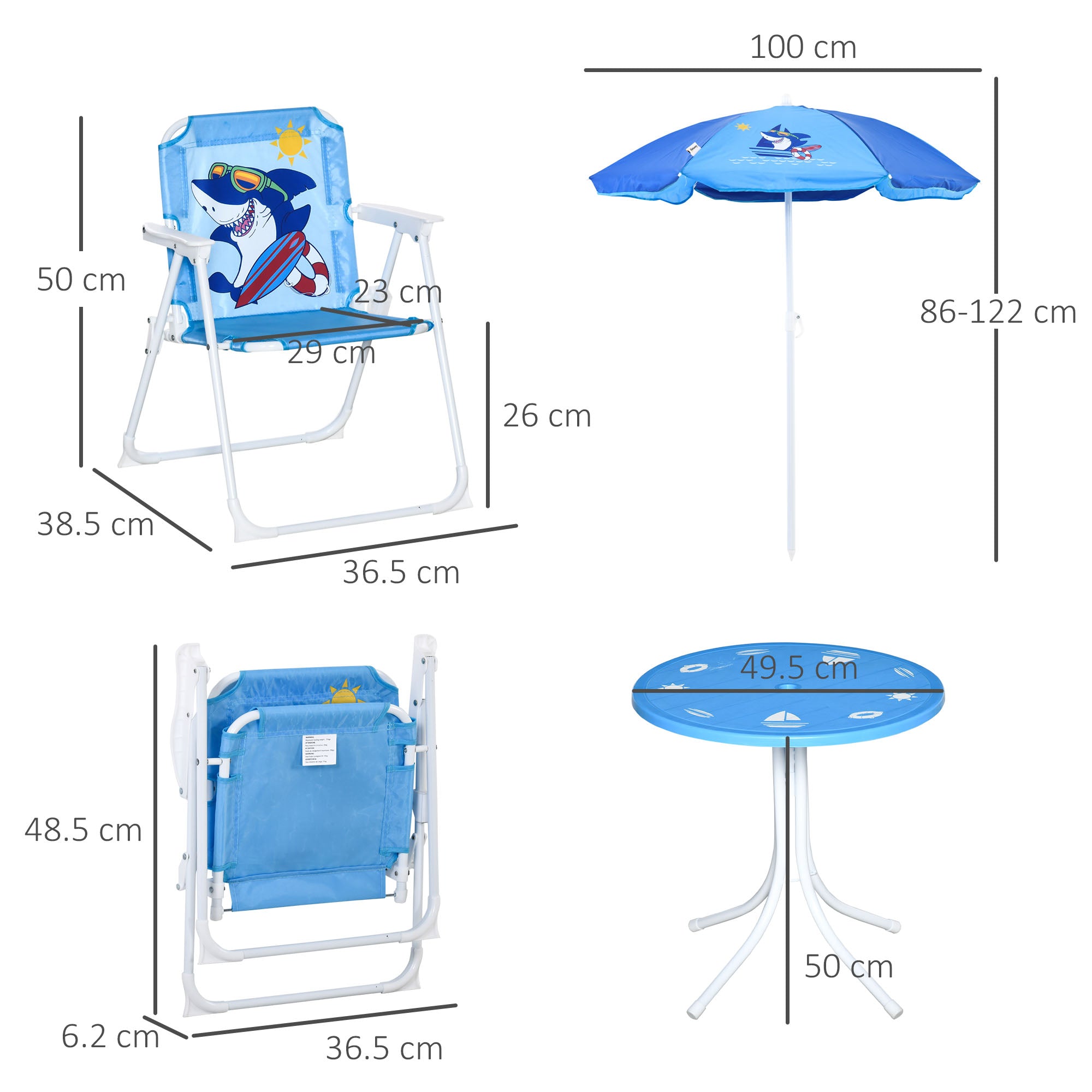 Outsunny Kids Outdoor Bistro Table and Chair Set, Folding Garden Furniture w/ Shark Design, Removable, Adjustable Sun Umbrella, Ages 3-6 Years - Blue - North Peak Garden Furniture