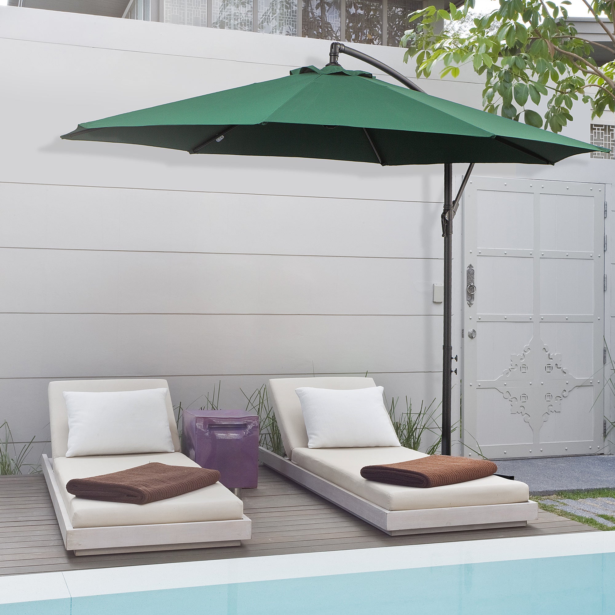 Outsunny Cantilever Canopy: 3m Banana Hanging Parasol with Crank Handle, 8 Ribs & Cross Base, Outdoor Dark Green Sun Shade