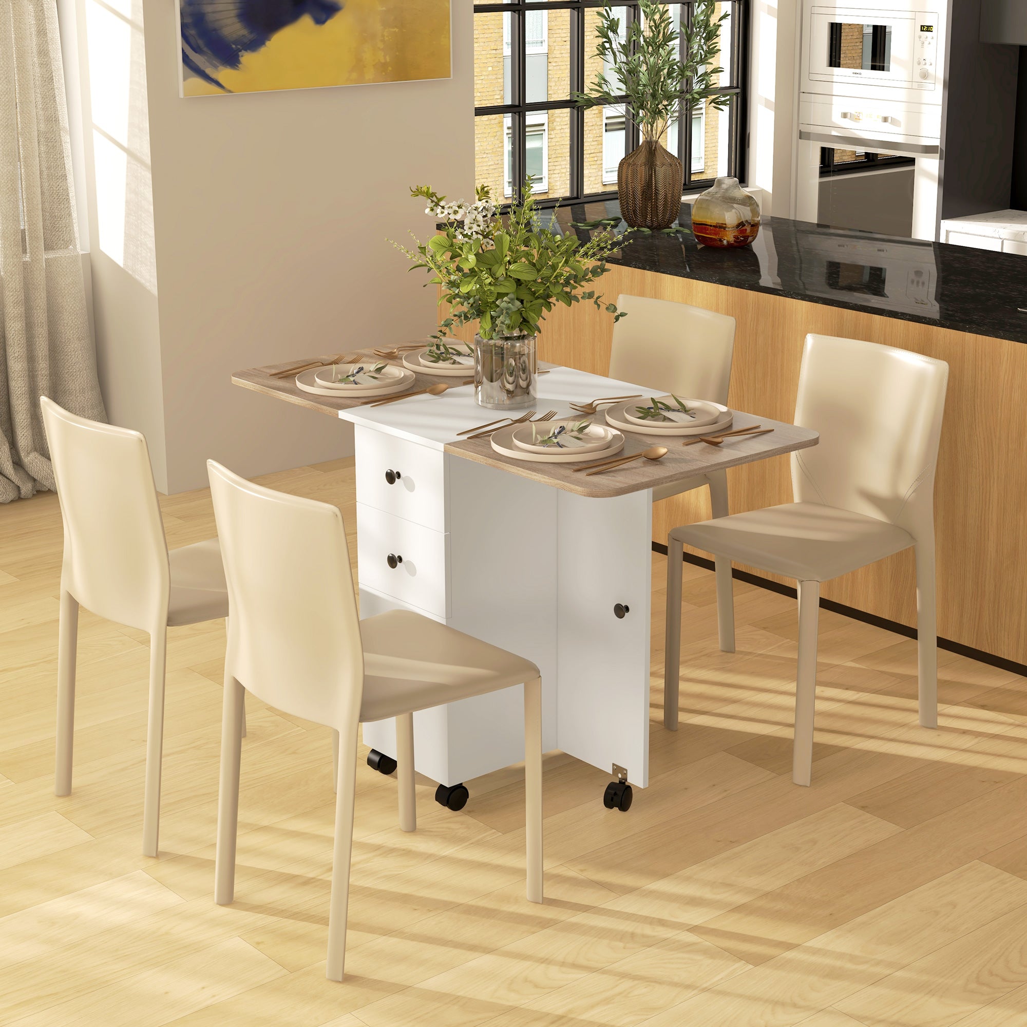 HOMCOM Multi-Storage Six-Person Drop Leaf Dining Table - Oak and White - North Peak Garden Furniture