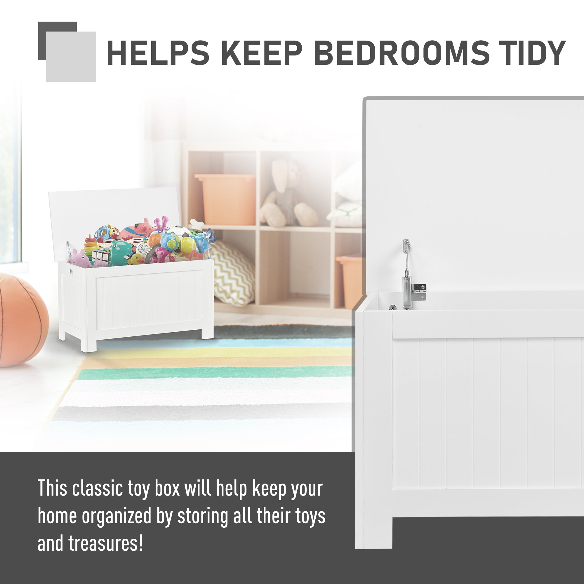 HOMCOM Lift Top Storage Chest Toy Box Organizer with Lid and Safety Hinges for Bedroom Entryway Living Room - White - North Peak Garden Furniture