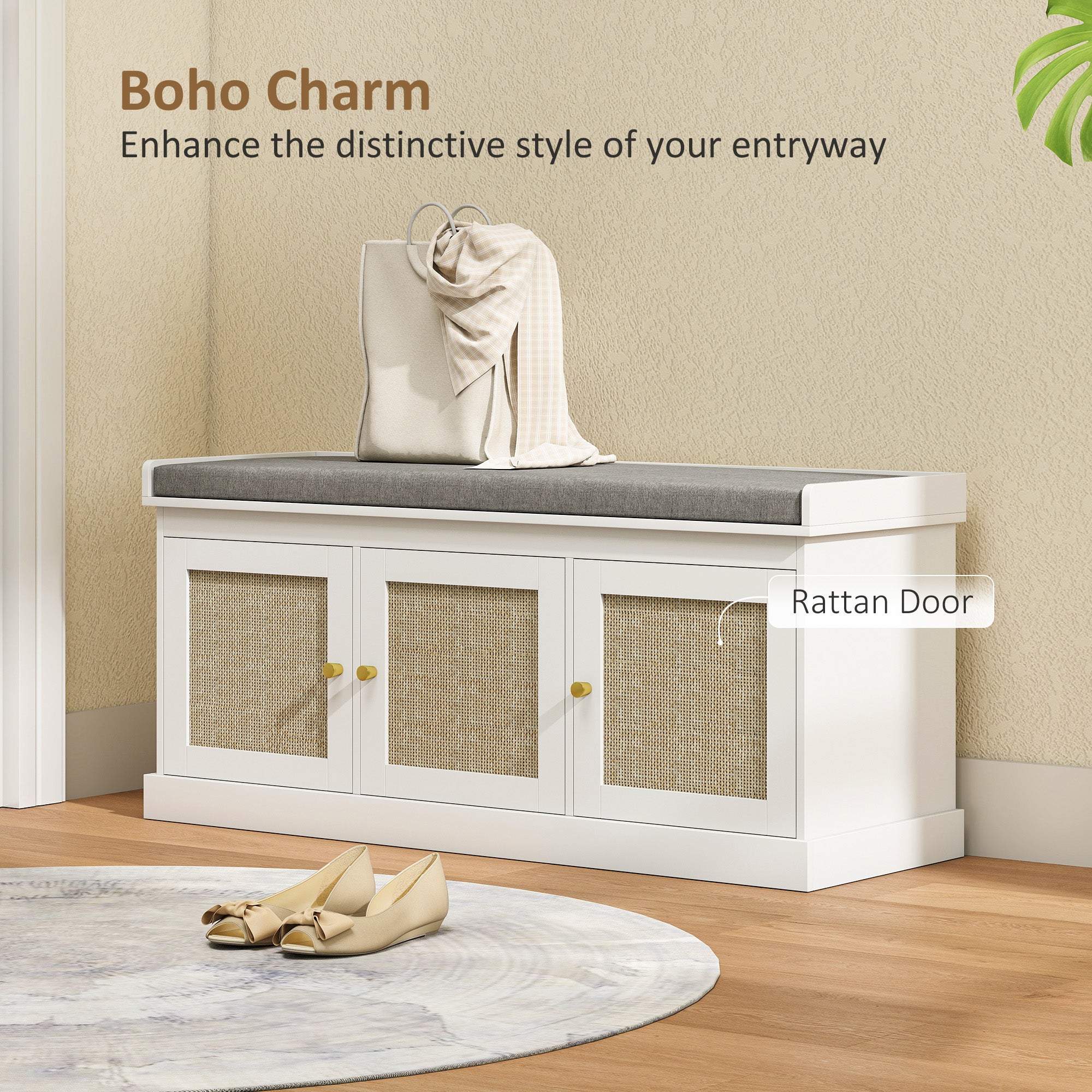 HOMCOM Shoe Storage Bench with Woven Rattan Doors, Seat - White