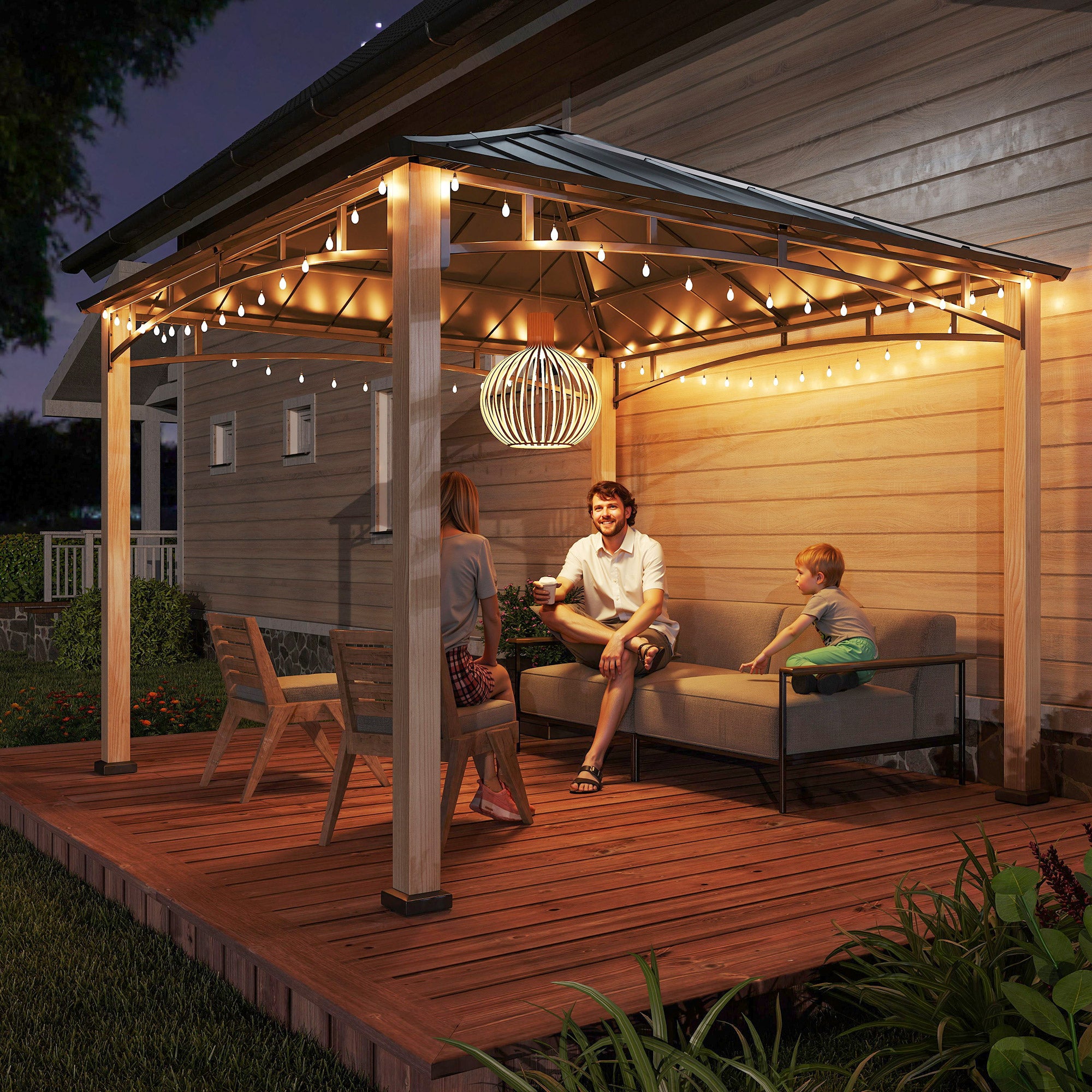 Outsunny 3 x 3 m Decorative Metal Gazebo - Black/Wood-Effect - North Peak Garden Furniture