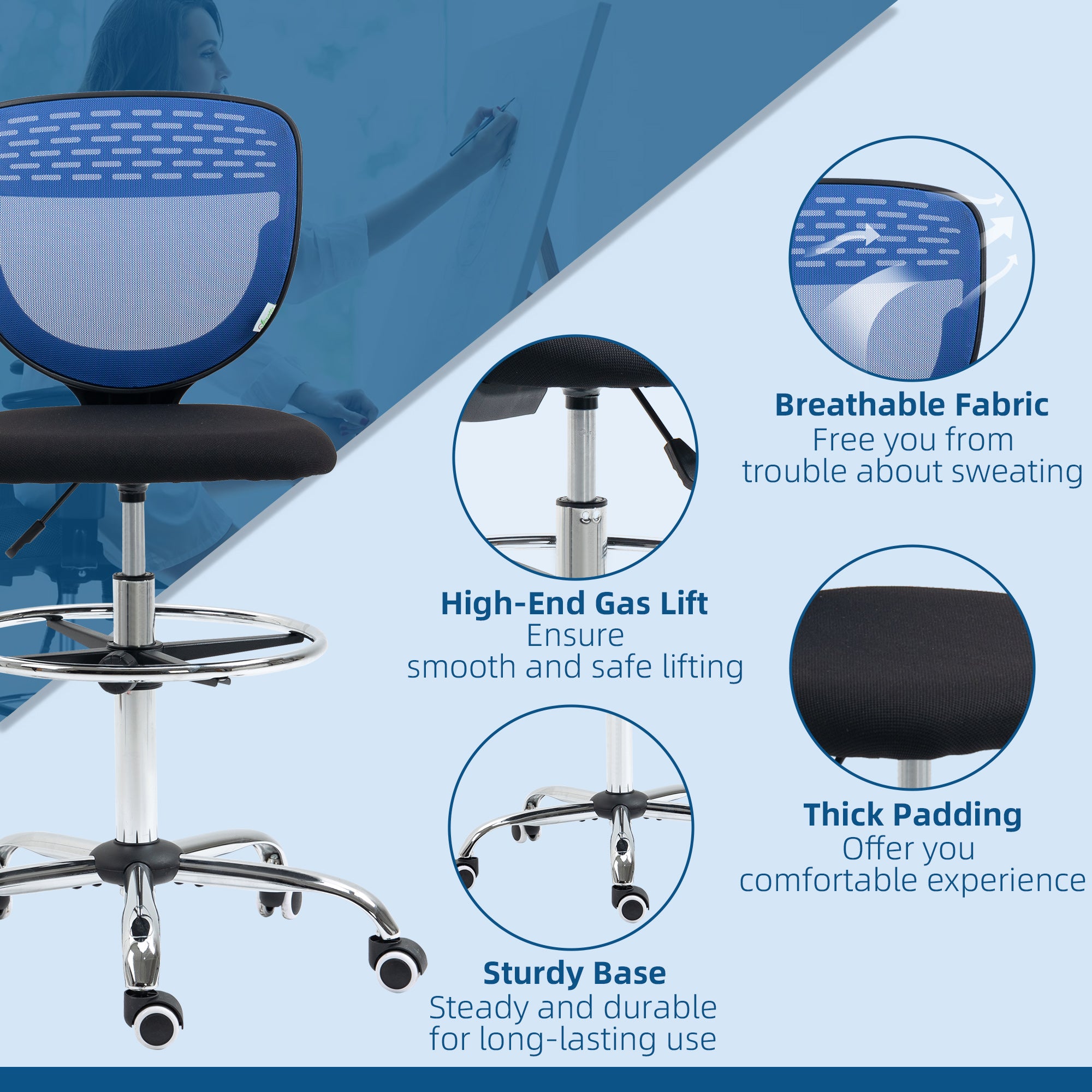 Vinsetto Drafting Chair, Swivel Office Draughtsman Chair, Mesh Standing Desk Chair with Lumbar Support, Adjustable Foot Ring, Armless, Dark Blue