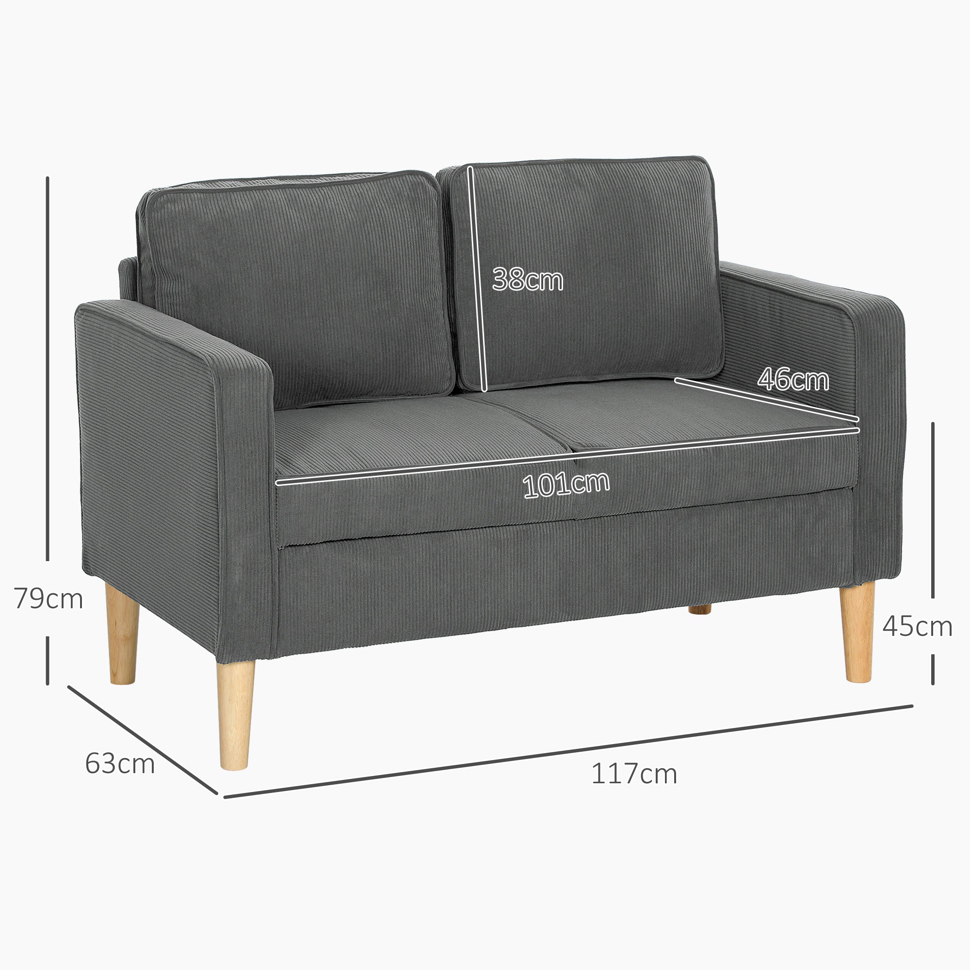HOMCOM Small Two-Seater Corduroy Sofa - Grey - North Peak Garden Furniture