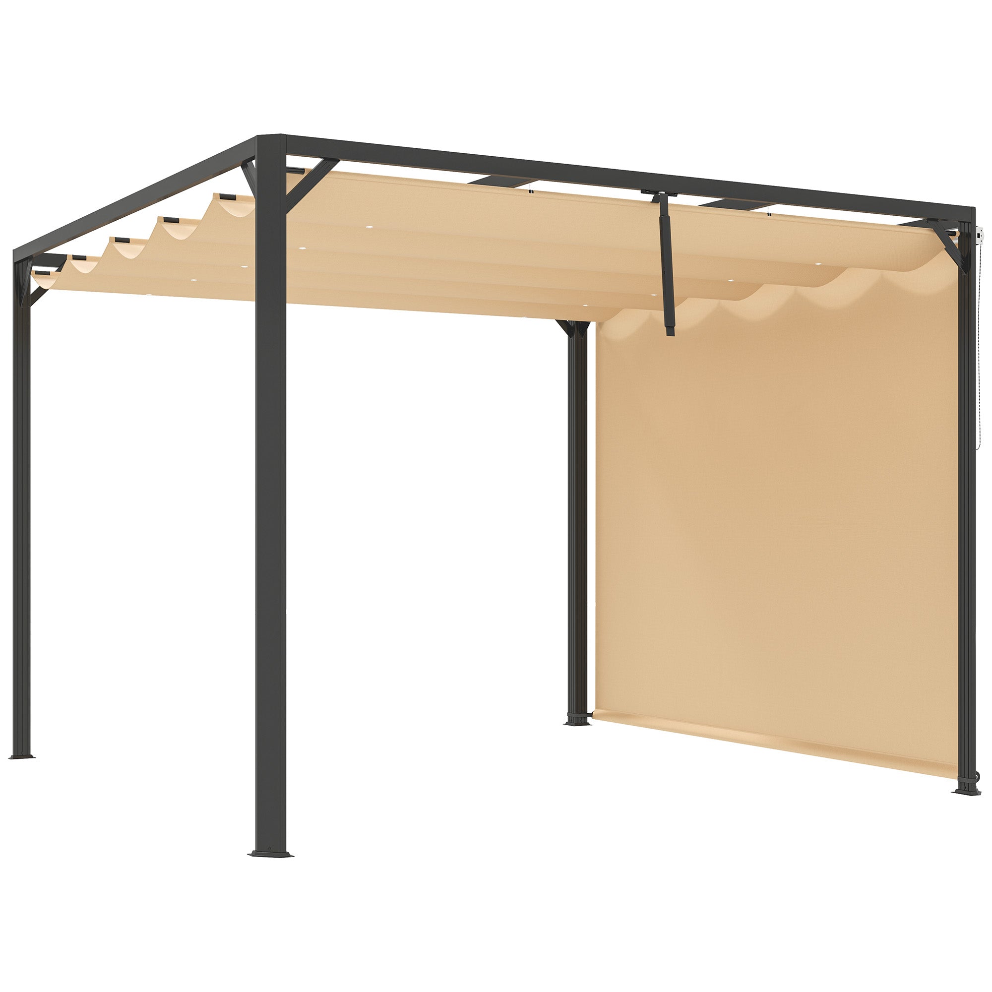 Outsunny 3 x 3m Aluminium Pergola, with Retractable Roof and Wall - Khaki - North Peak Garden Furniture