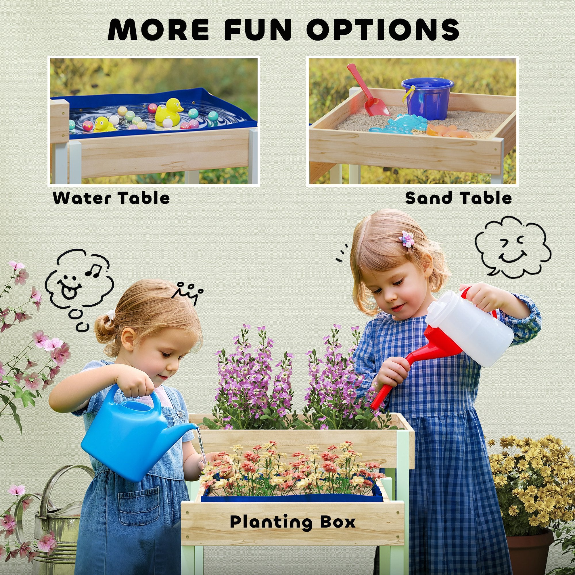 AIYAPLAY 2 PCS Wooden Outdoor Sand and Water Play Tables with Bottom Liner for Kids Aged 3-8 Years Old, Natural Wood Finish - North Peak Garden Furniture