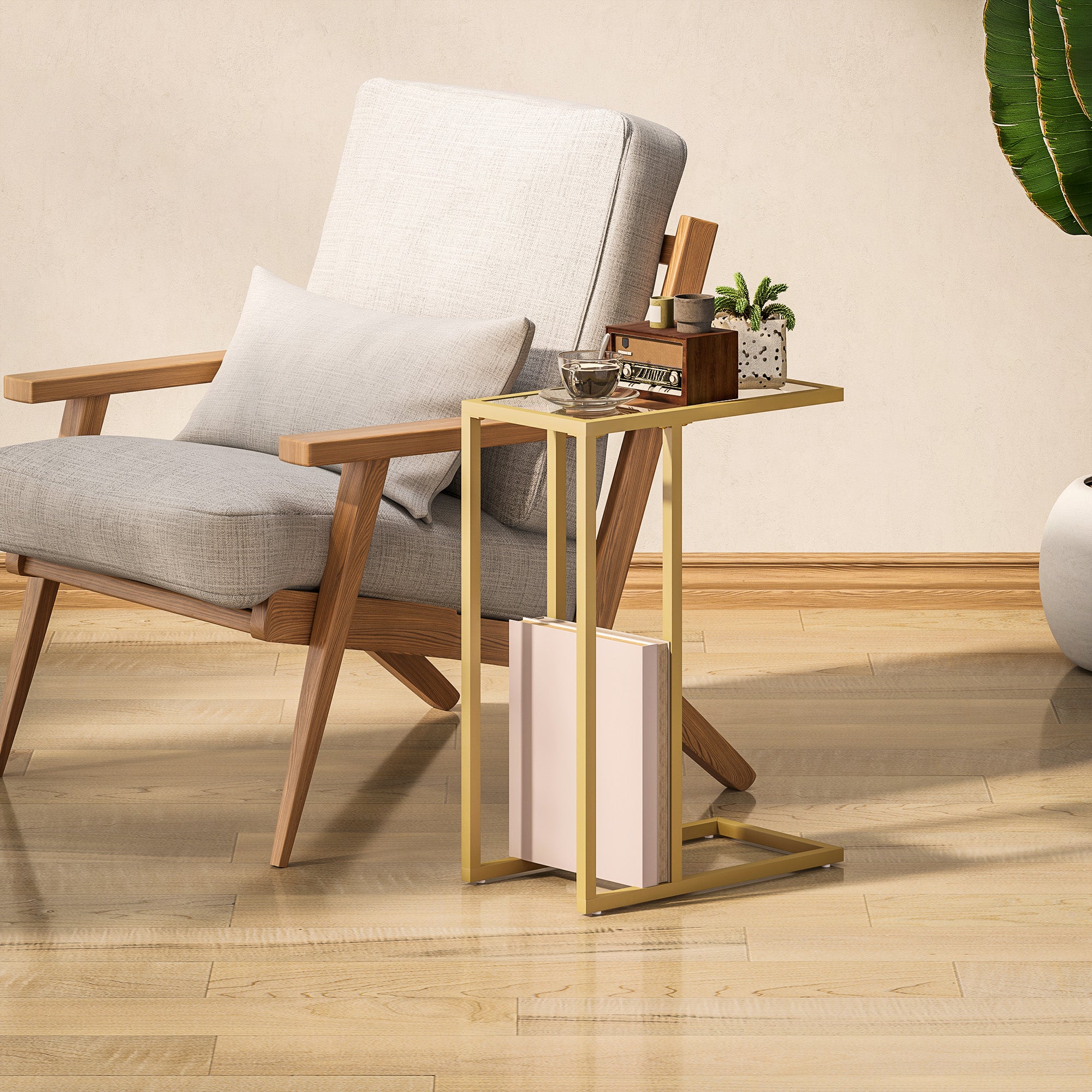 HOMCOM C-Shaped Side Table, Modern Slim End Table with Tempered Glass Tabletop, Steel Frame for Small Space, Living Room, Bedroom, Gold Tone - North Peak Garden Furniture