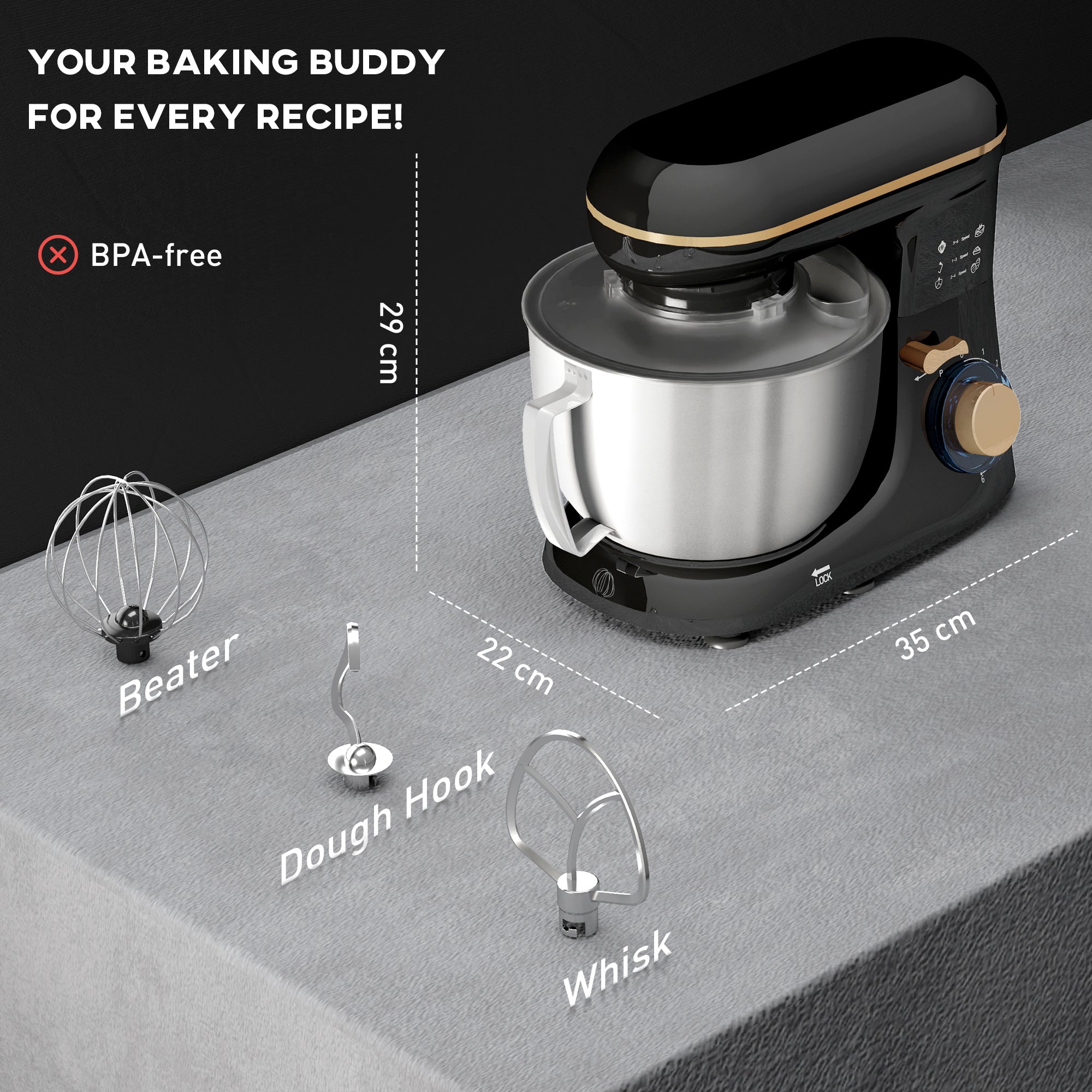 HOMCOM 1300W Kitchen Stand Mixer, with Accessories - Black - North Peak Garden Furniture