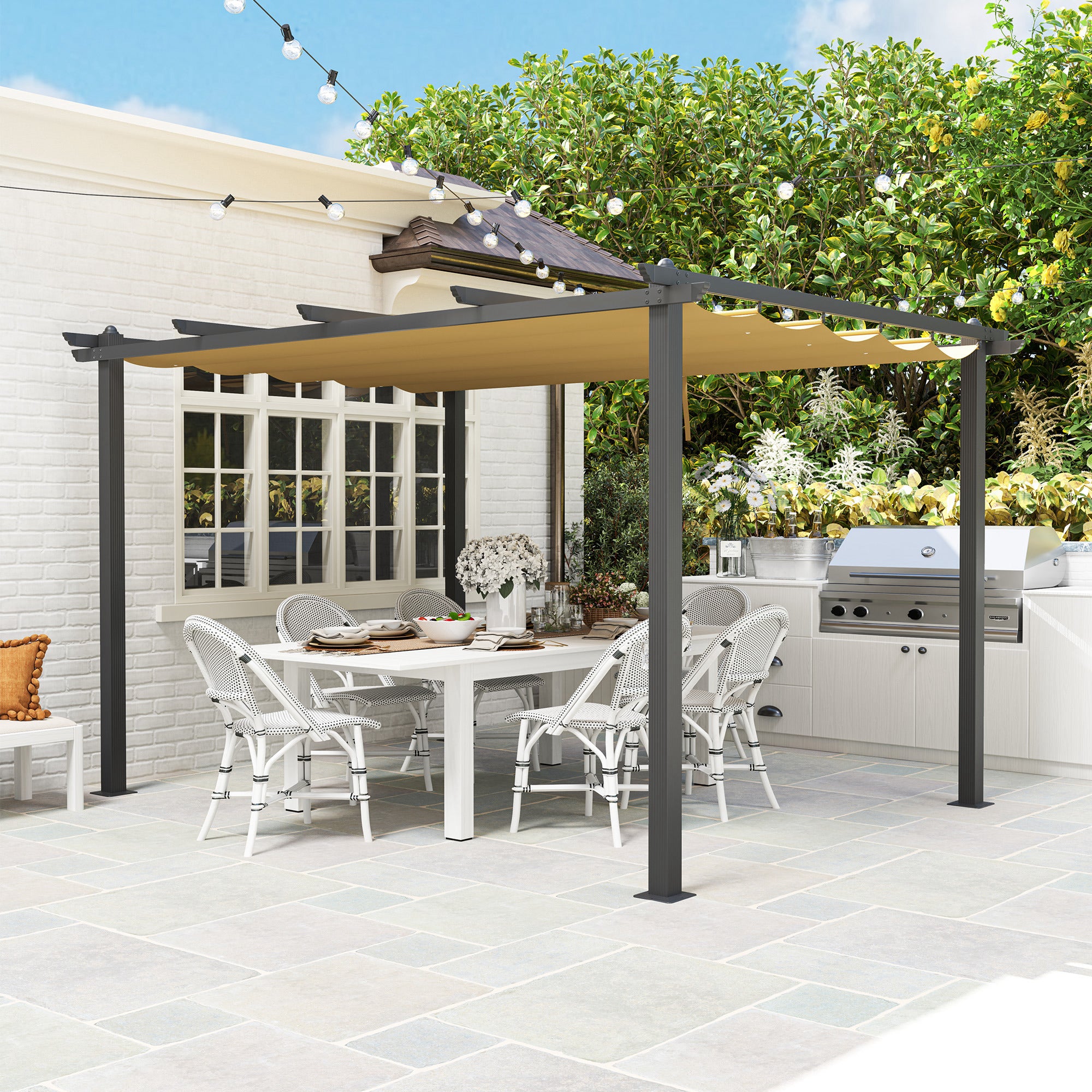 Outsunny 3 x 4m Aluminium Pergola, with Retractable Roof - Khaki - North Peak Garden Furniture