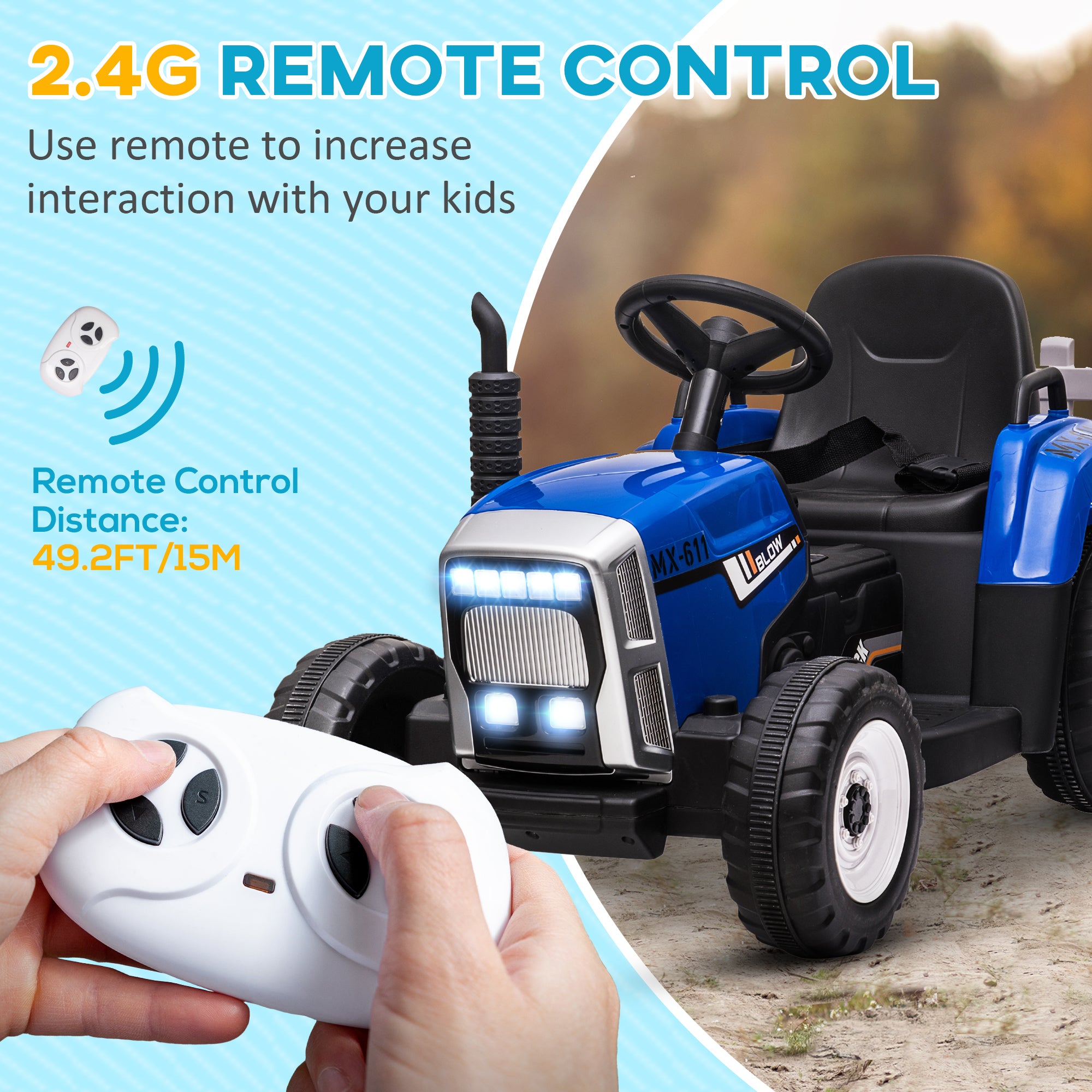 HOMCOM Ride On Tractor, Battery Powered Electric Car, with Detachable Trailer, Remote Control, Music - Blue - North Peak Garden Furniture