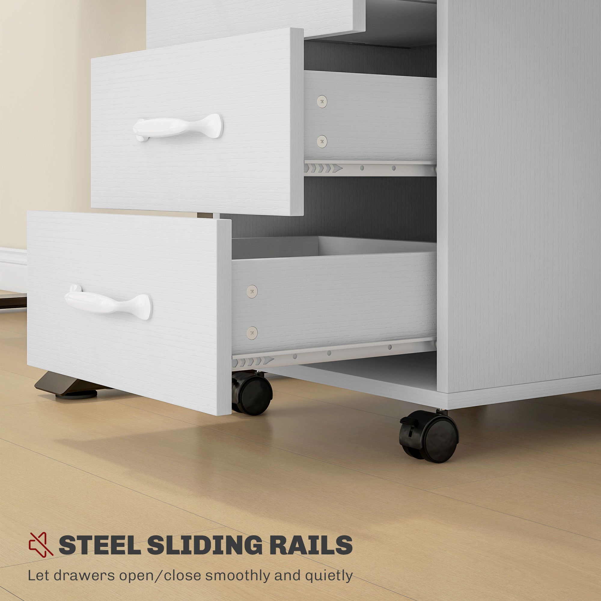 HOMCOM 3 Drawer File Cabinet, Mobile Filing Cabinet on Wheels for Home Office, Study, White - North Peak Garden Furniture