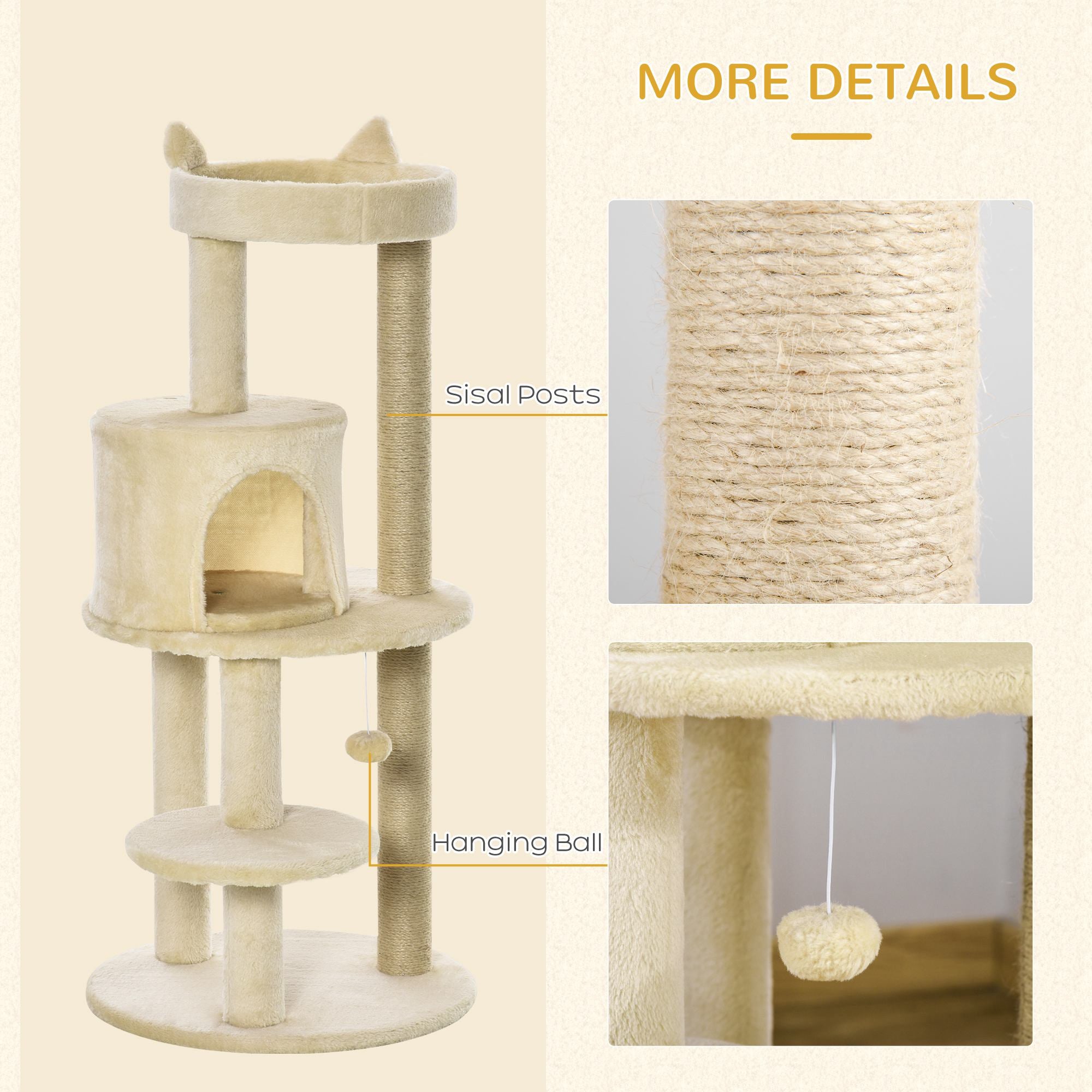 PawHut 104 cm Cat Tree, Cat Condo Tree Tower, Cat Activity Centre with Scratching Posts, Plush Perch, Hanging Ball - Cream White - North Peak Garden Furniture