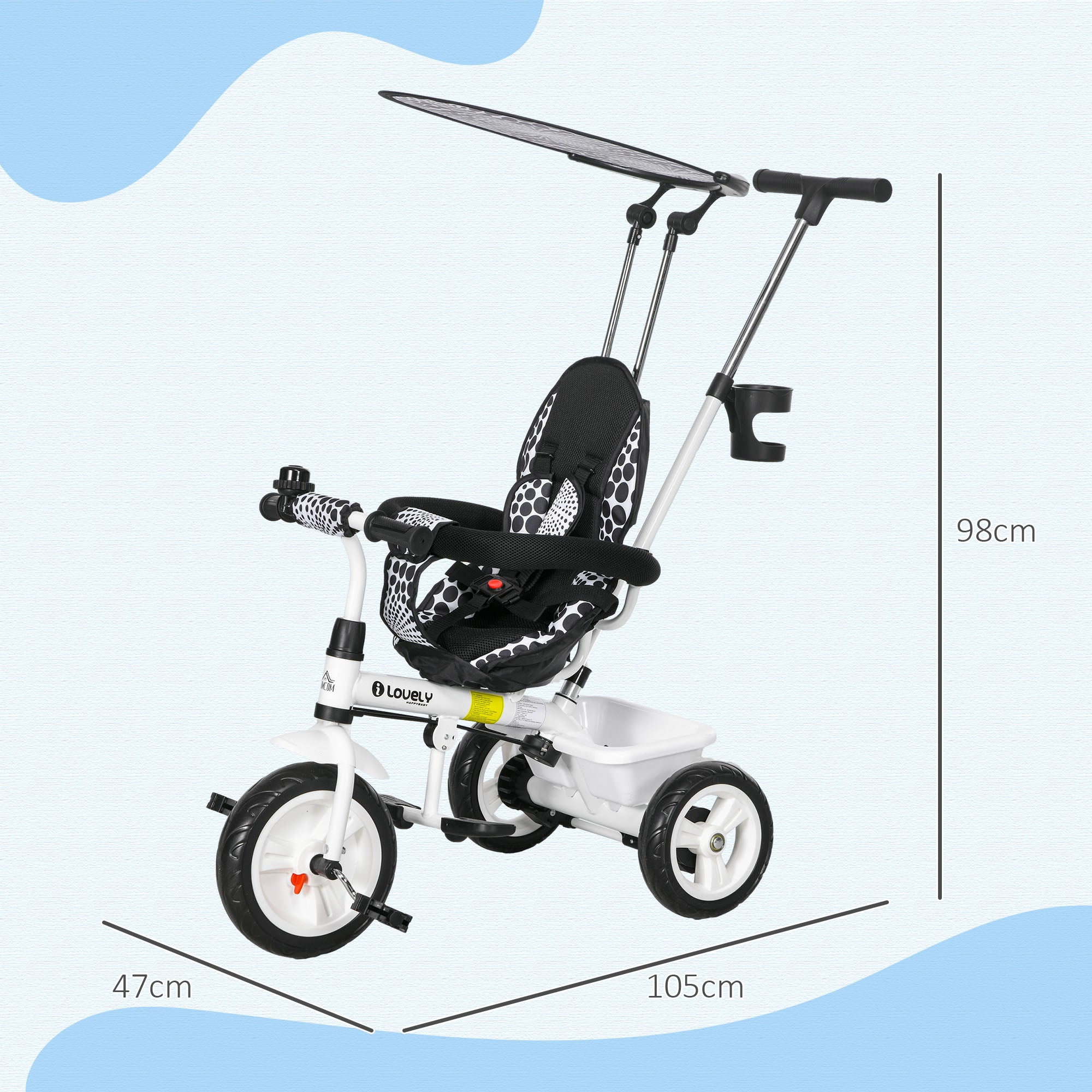 HOMCOM 6 in 1 Tricycle for Kids with 5-point harness straps, Removable Canopy, White