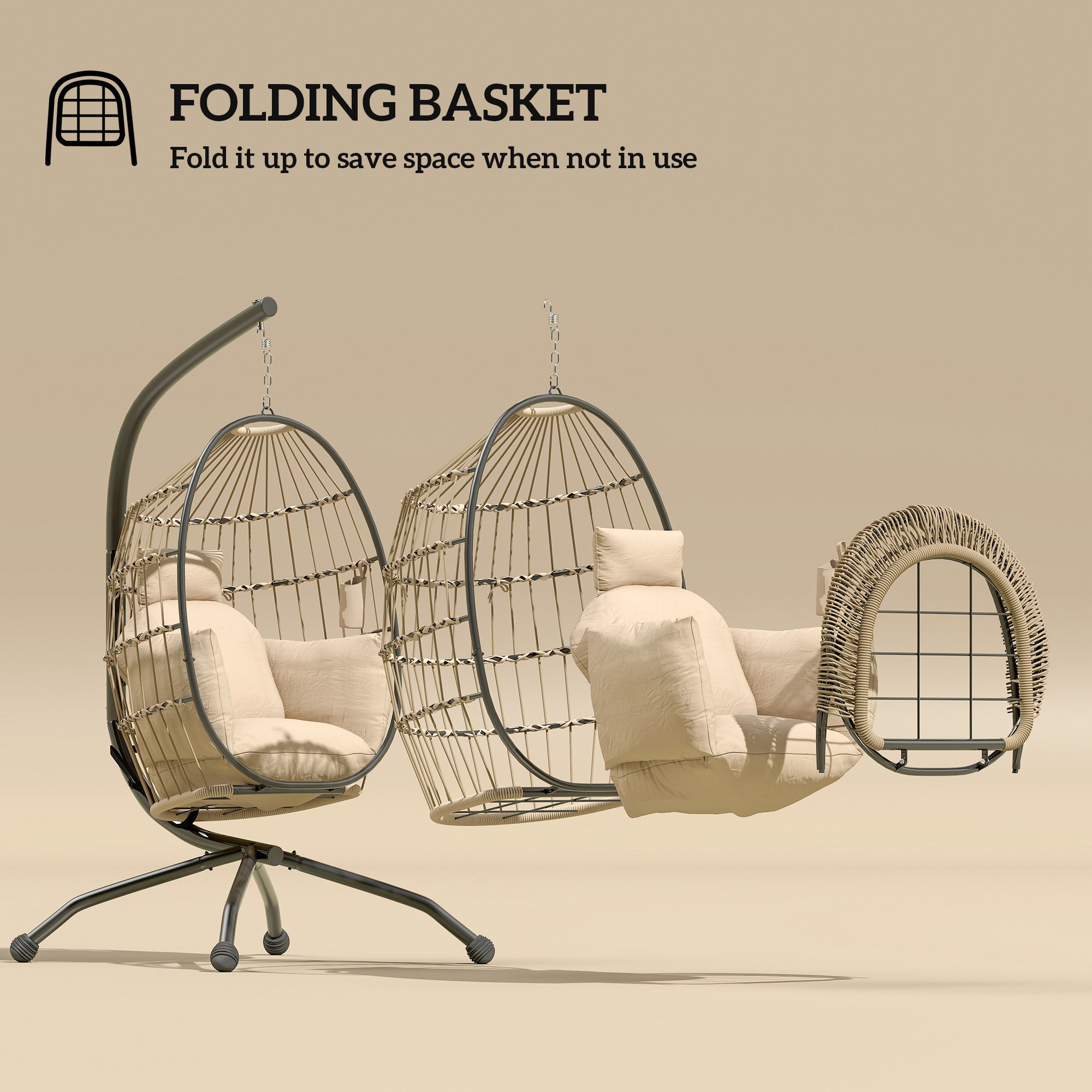 Outsunny Hanging Egg Chair Outdoor Indoor Garden Swing Chair with Folding Basket and Thickened Cushion, Garden Hanging Chair with Stand, Headrest, Cup Holder for Patio, Balcony, Khaki - North Peak Garden Furniture