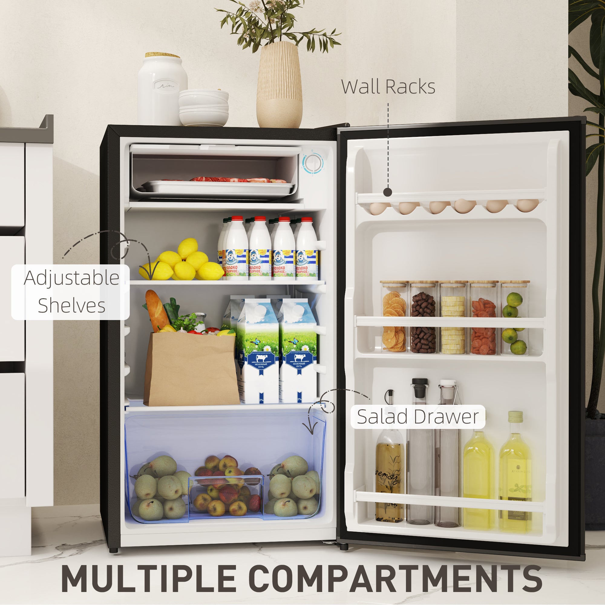 HOMCOM 91L Freestanding Under-Counter Fridge with Lock - Black - North Peak Garden Furniture